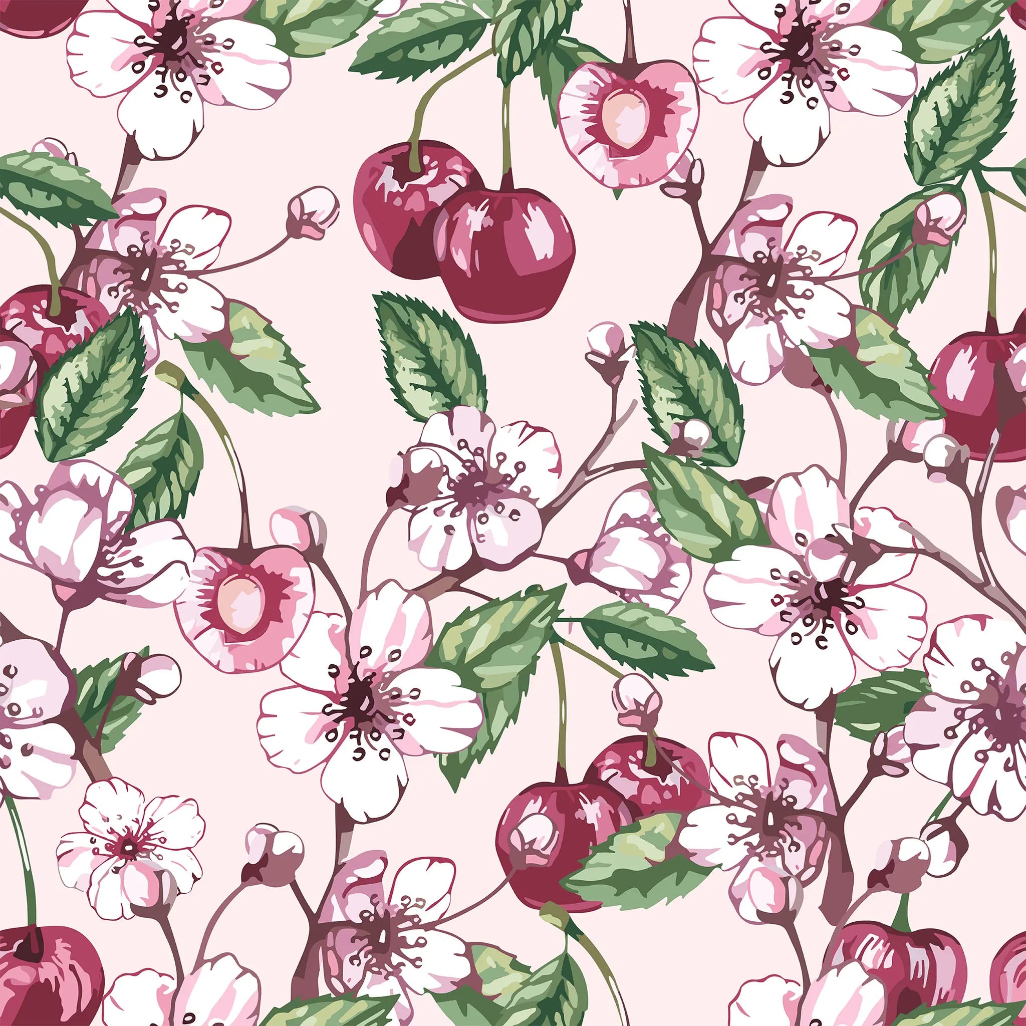 Floral and cherry pattern on a light pink background