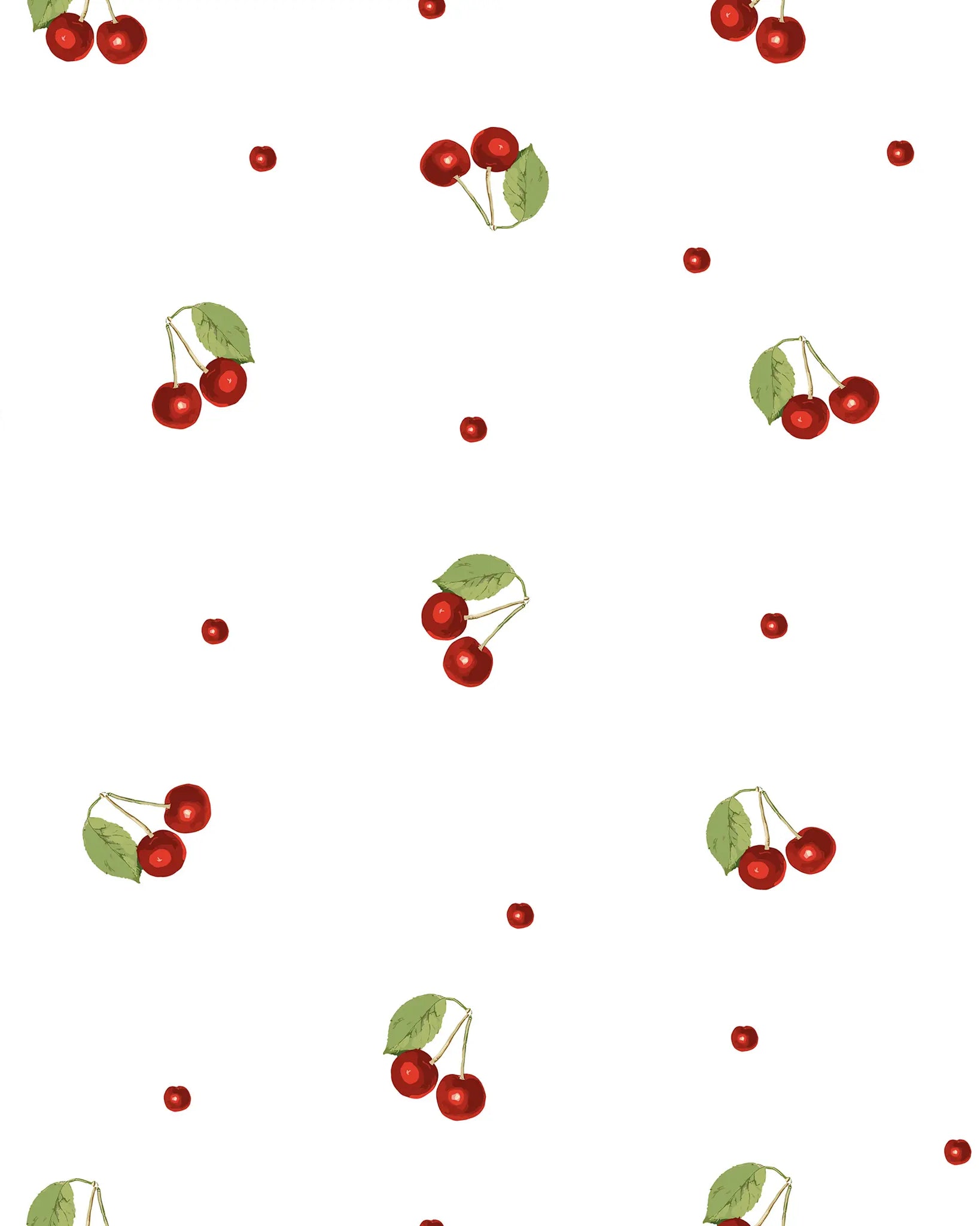 Pattern of red cherries with green leaves on a white background