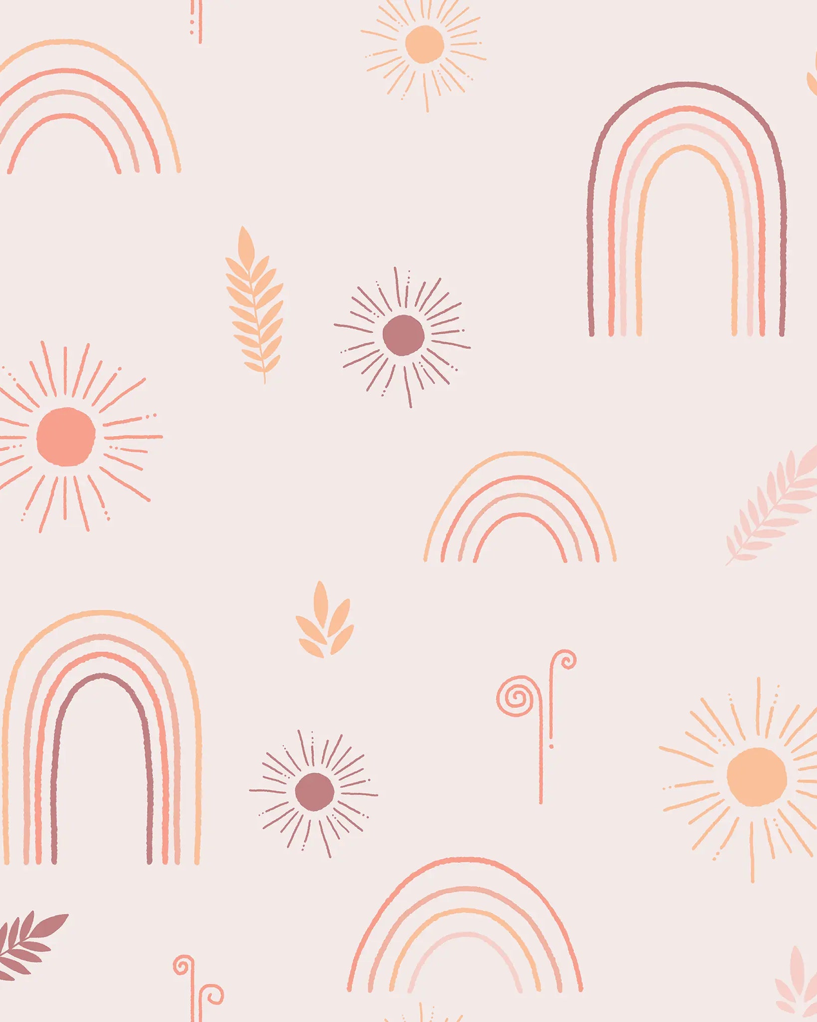 Pattern of rainbows, suns, and leaves on a light pink background