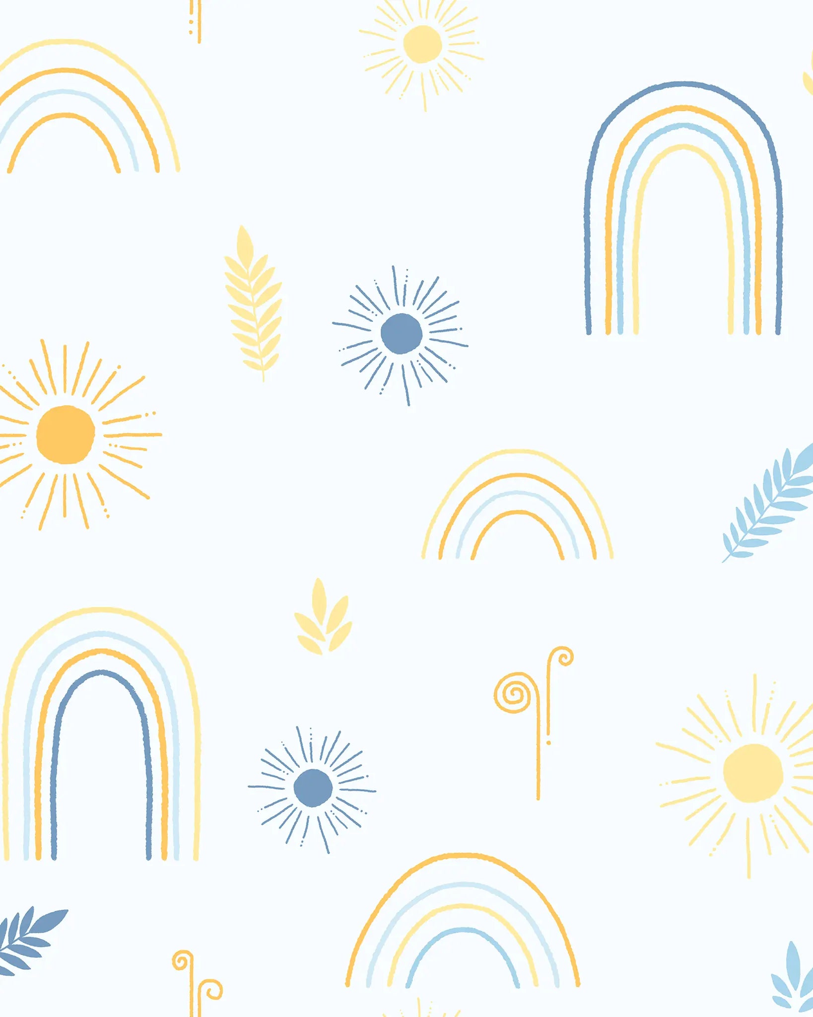 Pattern of rainbows, suns, and leaves on a white background