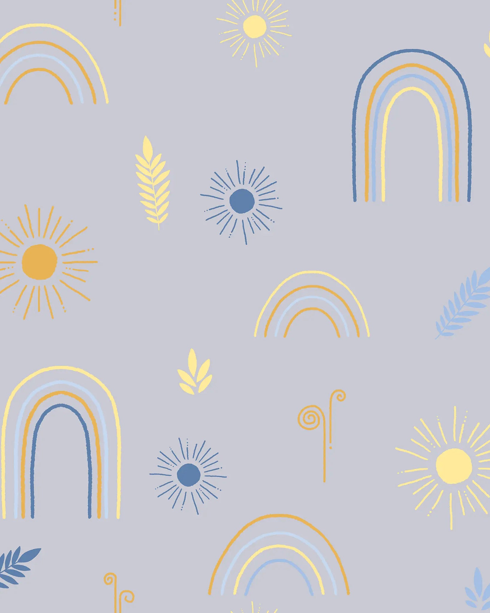 Pattern of rainbows, suns, and leaves on a light blue background