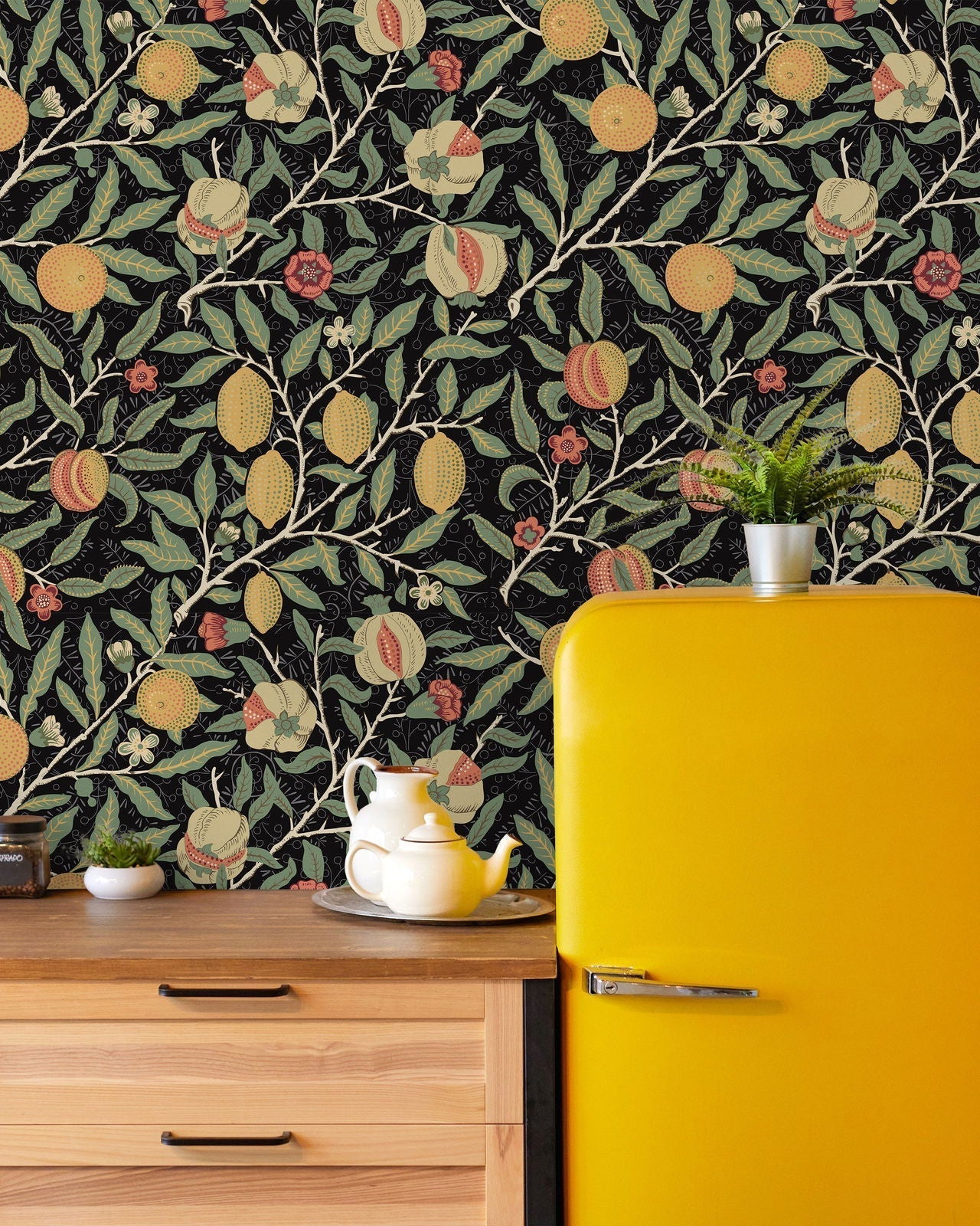 William Morris X Citrus Groove Peel and Stick Wallpaper, Removable Wallpaper, Traditional Wallpaper - Black | DeccoPrint