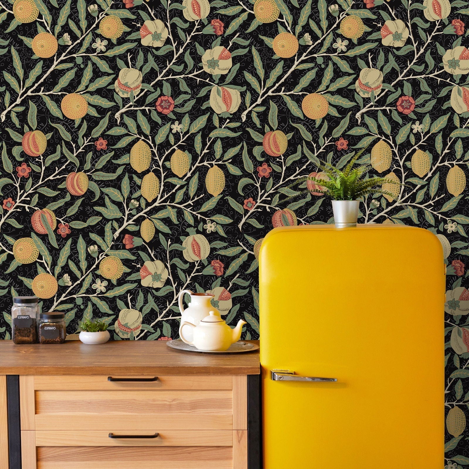 William Morris X Citrus Groove Peel and Stick Wallpaper, Removable Wallpaper, Traditional Wallpaper - Black | DeccoPrint