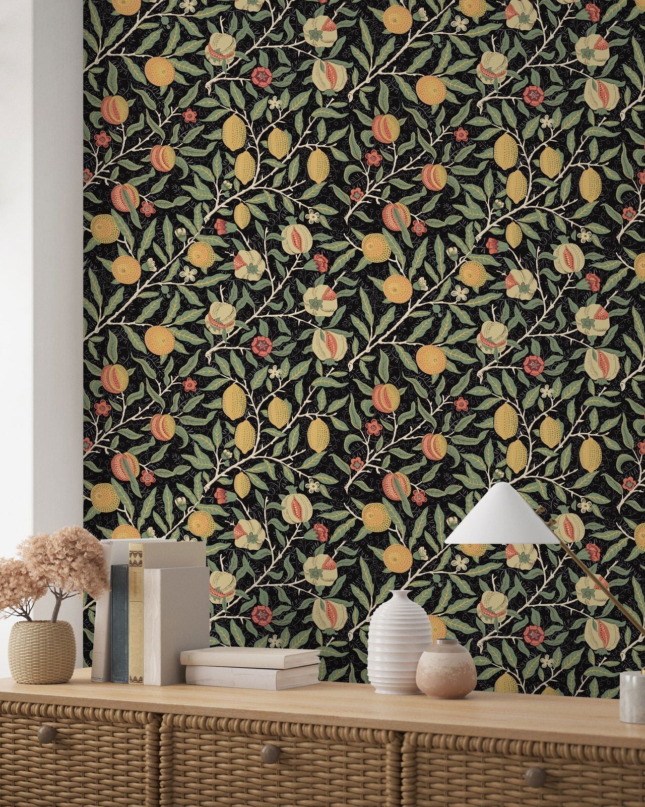 William Morris X Citrus Groove Peel and Stick Wallpaper, Removable Wallpaper, Traditional Wallpaper - Black | DeccoPrint