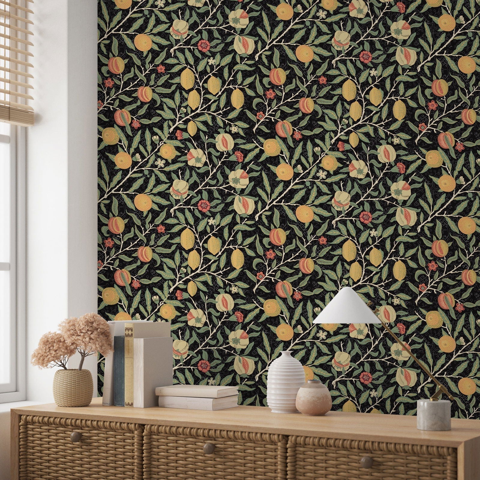 William Morris X Citrus Groove Peel and Stick Wallpaper, Removable Wallpaper, Traditional Wallpaper - Black | DeccoPrint