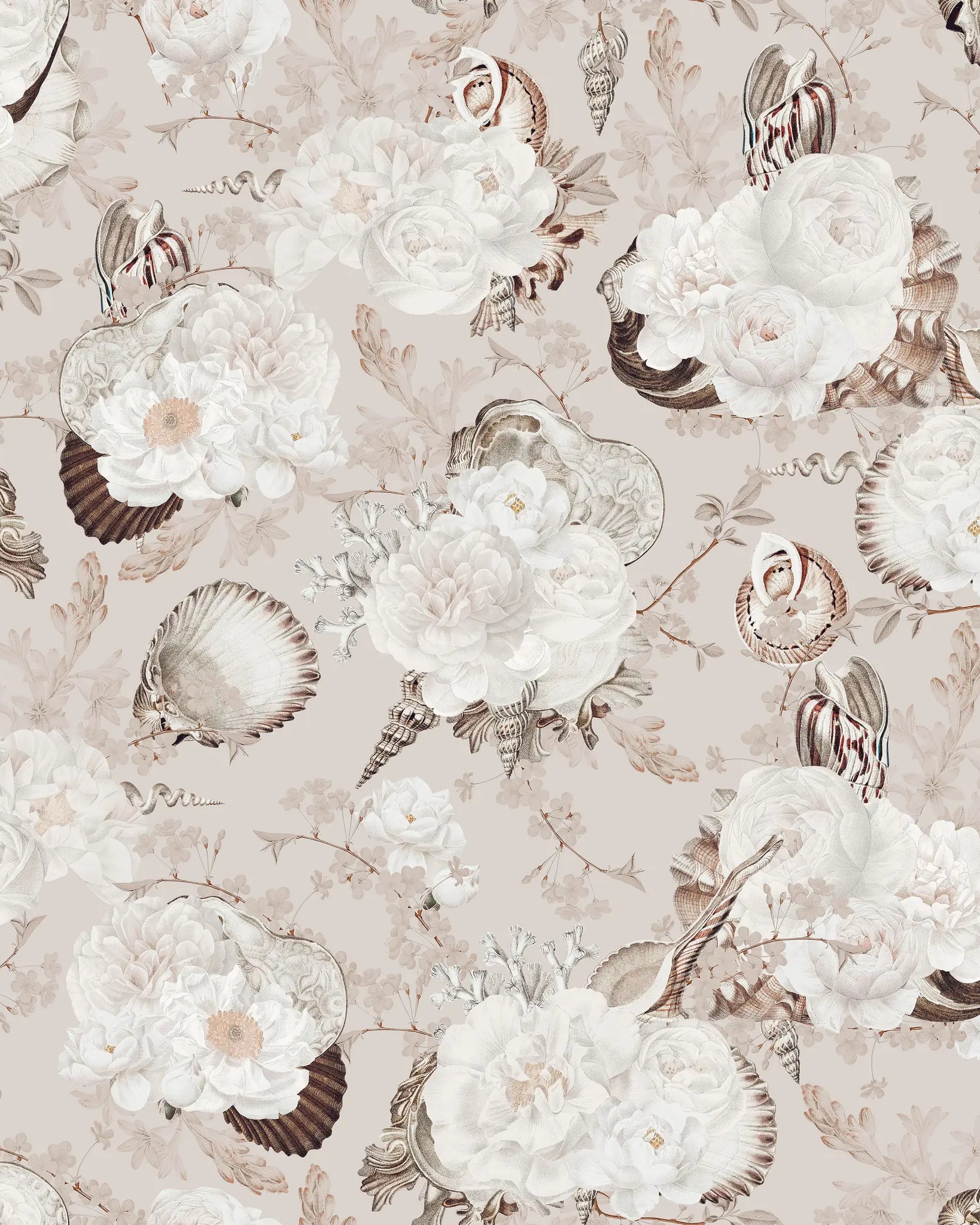 Pattern of white flowers and seashells on a beige background