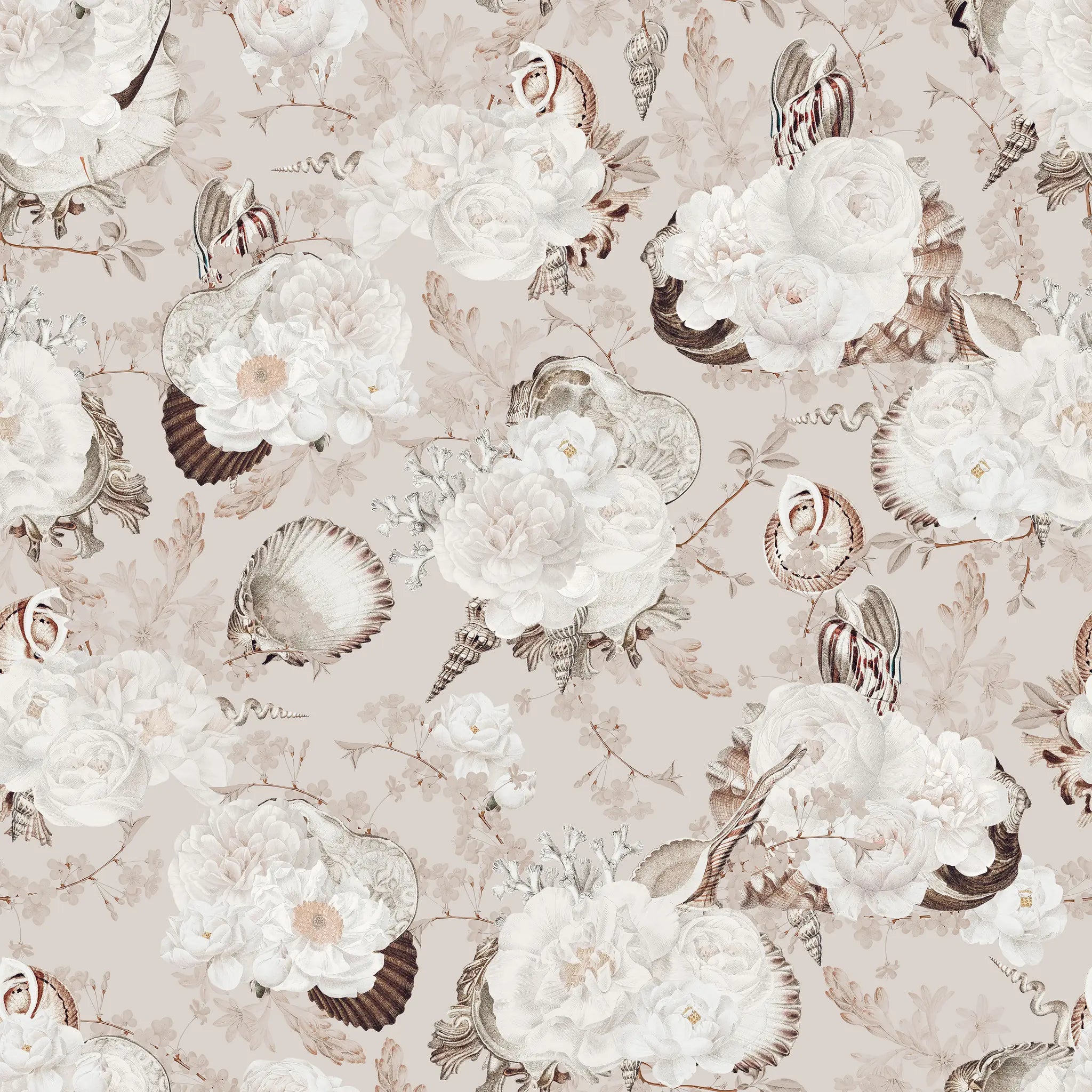 Pattern of white flowers and seashells on a beige background