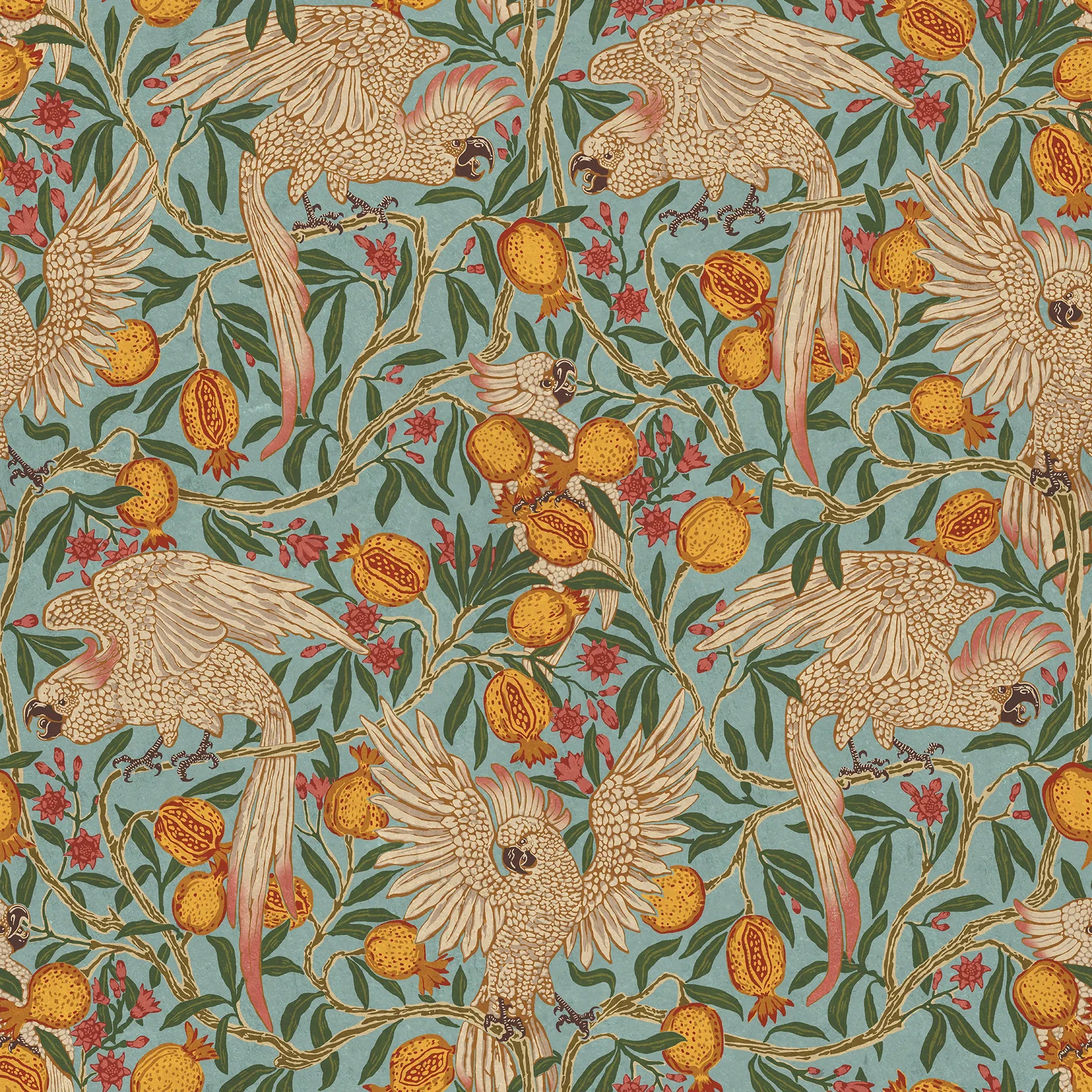 cream-colored cockatoos perched among twisting green vines, red blossoms, and golden pomegranate fruits on a soft blue background