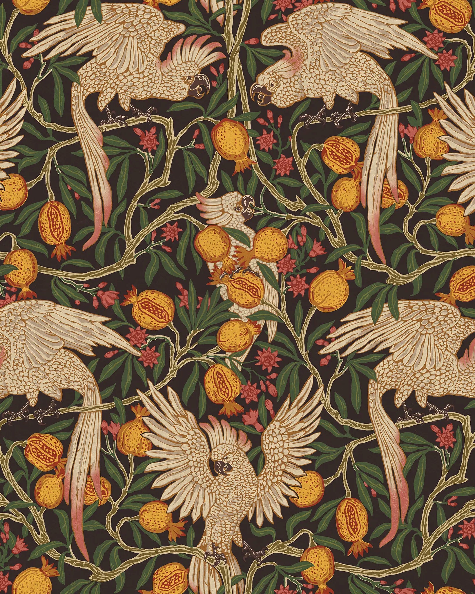 cream-colored cockatoos perched among twisting green vines, red blossoms, and golden pomegranate fruits on a dark gray background