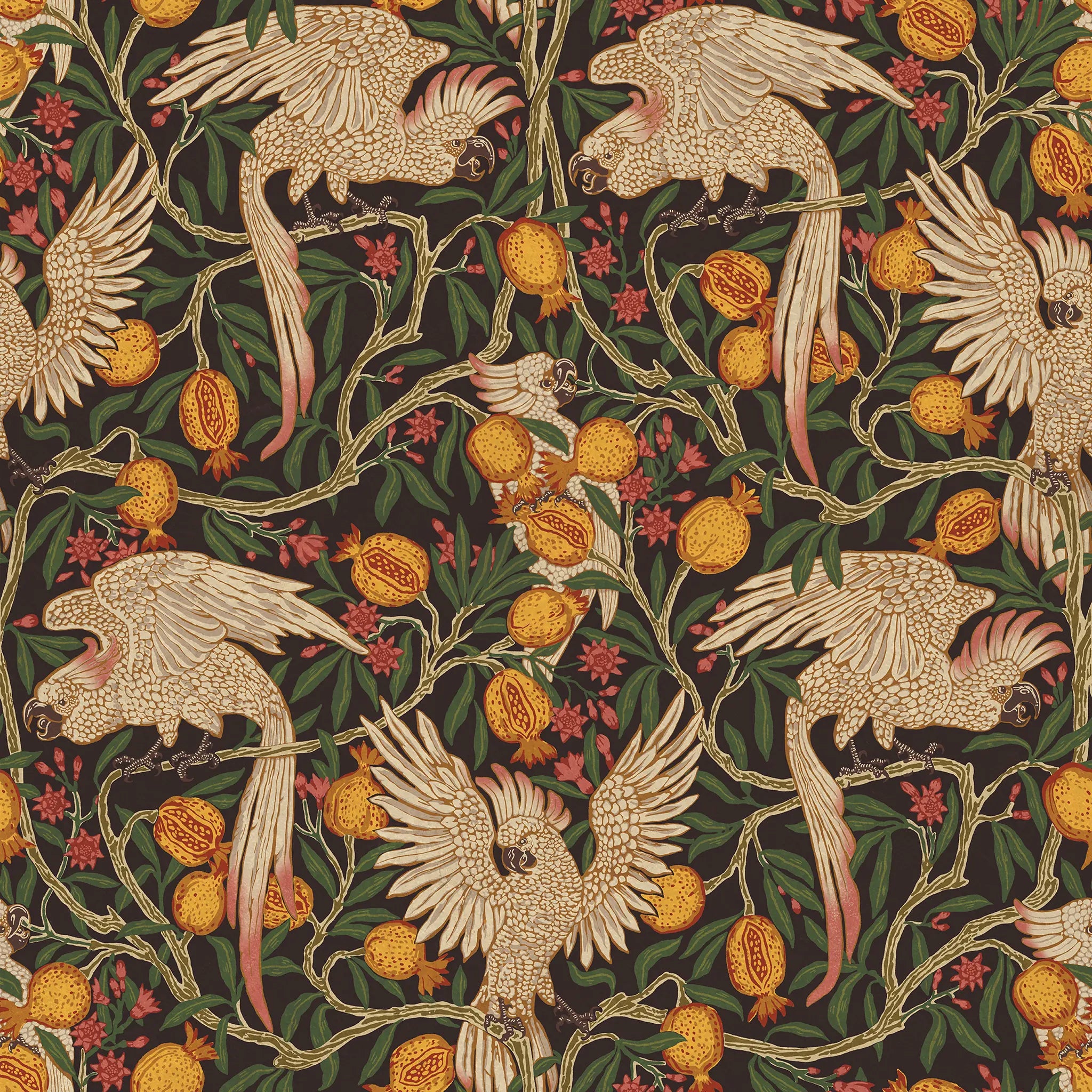 cream-colored cockatoos perched among twisting green vines, red blossoms, and golden pomegranate fruits on a dark gray background