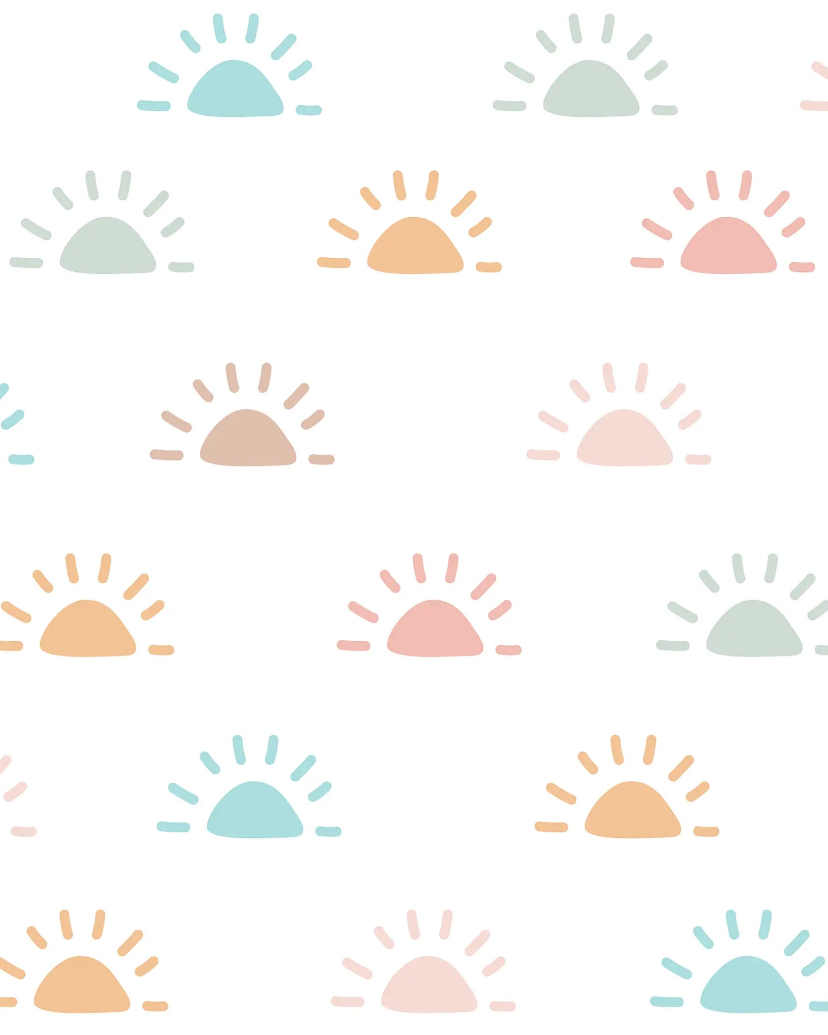 Pattern of colorful sun shapes on a white background