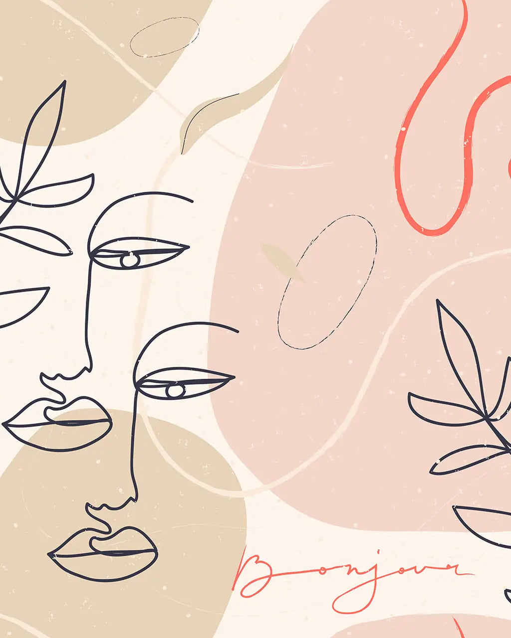 Abstract design with line art faces, leaves, and geometric shapes on a patterned background.