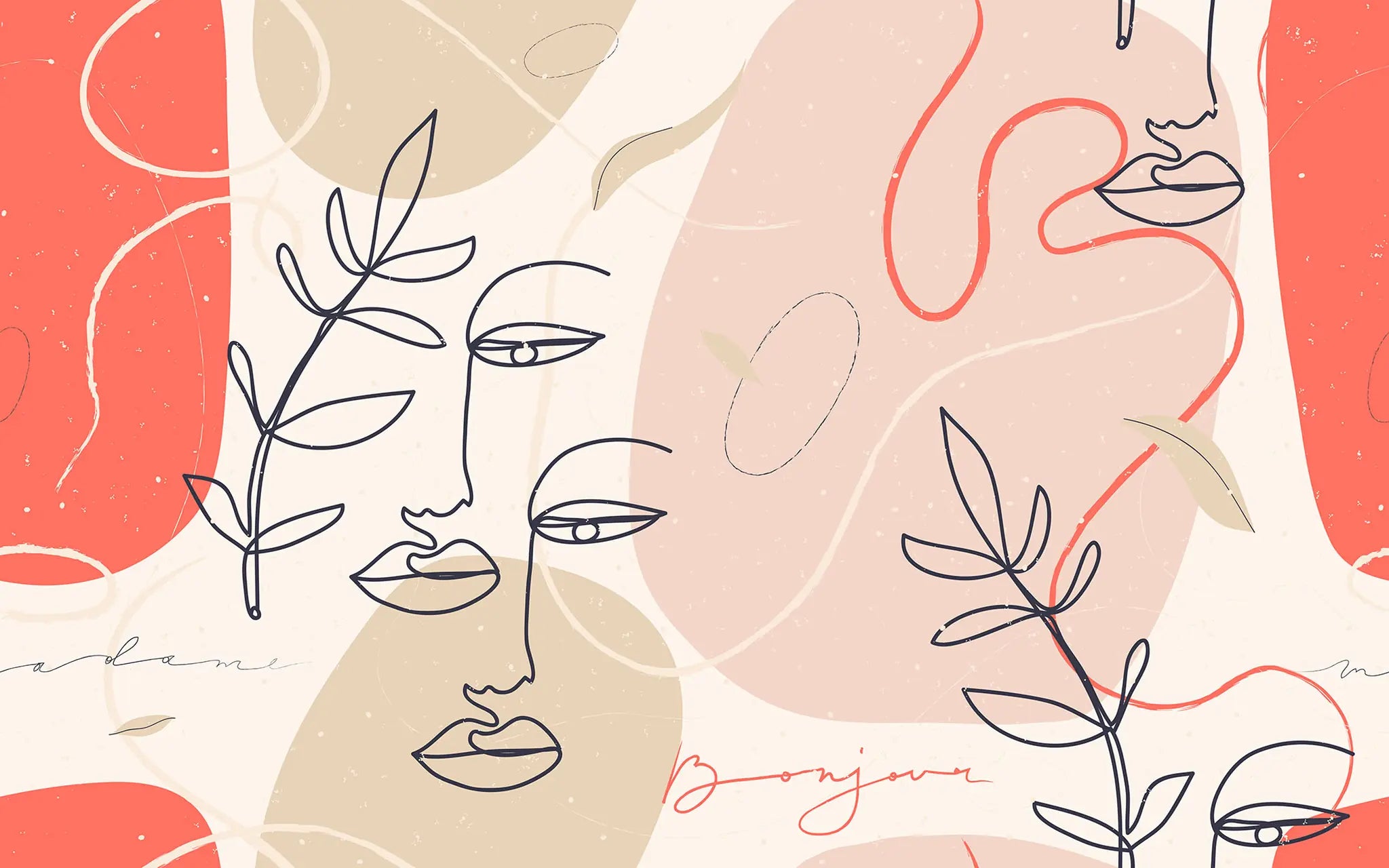 Abstract design with line art faces, leaves, and geometric shapes on a patterned background.