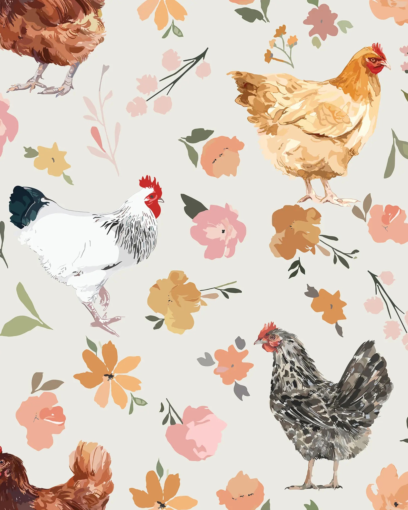 Pattern of chickens and flowers on a light background