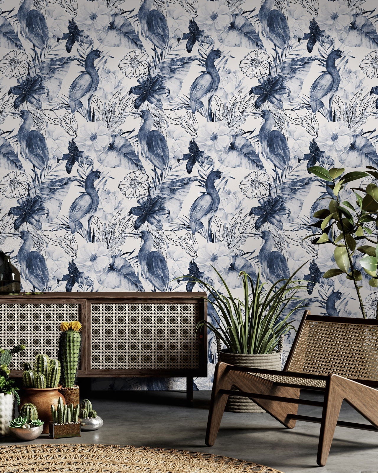 Crane and Flowers Peel and Stick Wallpaper, Removable Wallpaper, Traditional Wallpaper | DeccoPrint