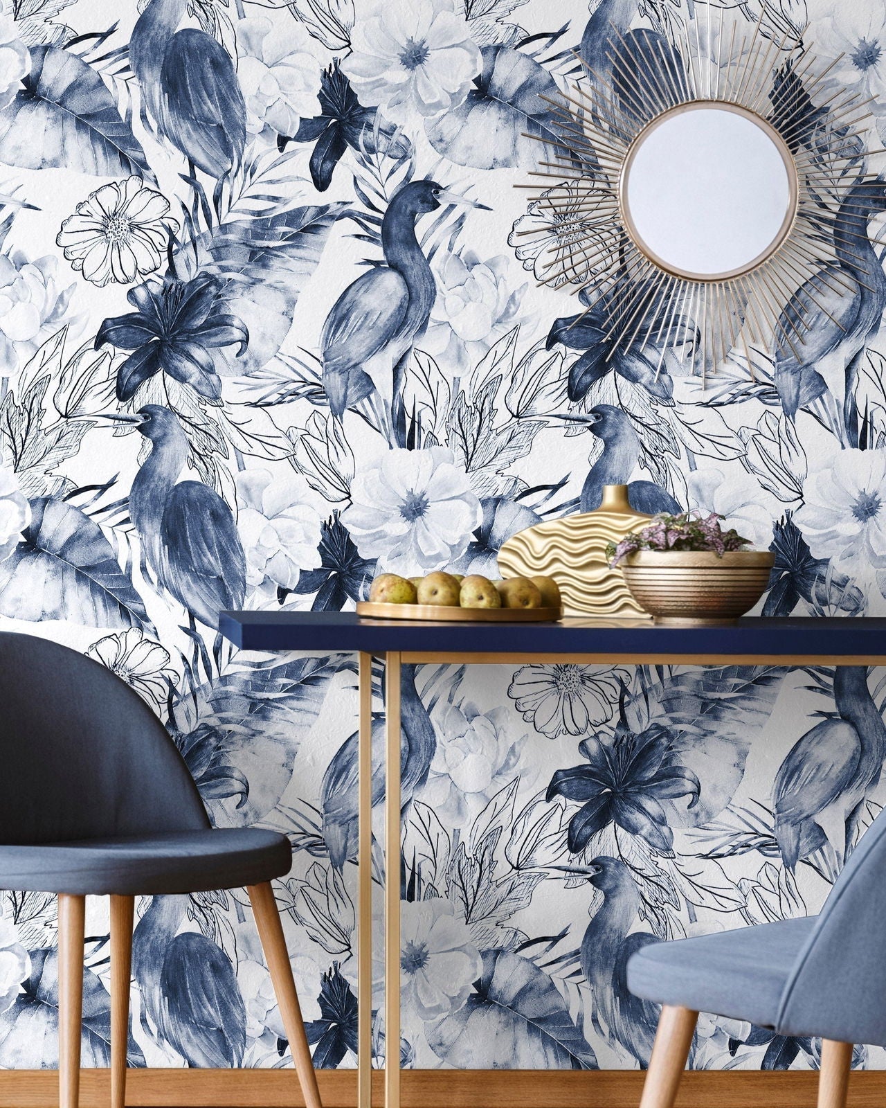 Crane and Flowers Peel and Stick Wallpaper, Removable Wallpaper, Traditional Wallpaper | DeccoPrint