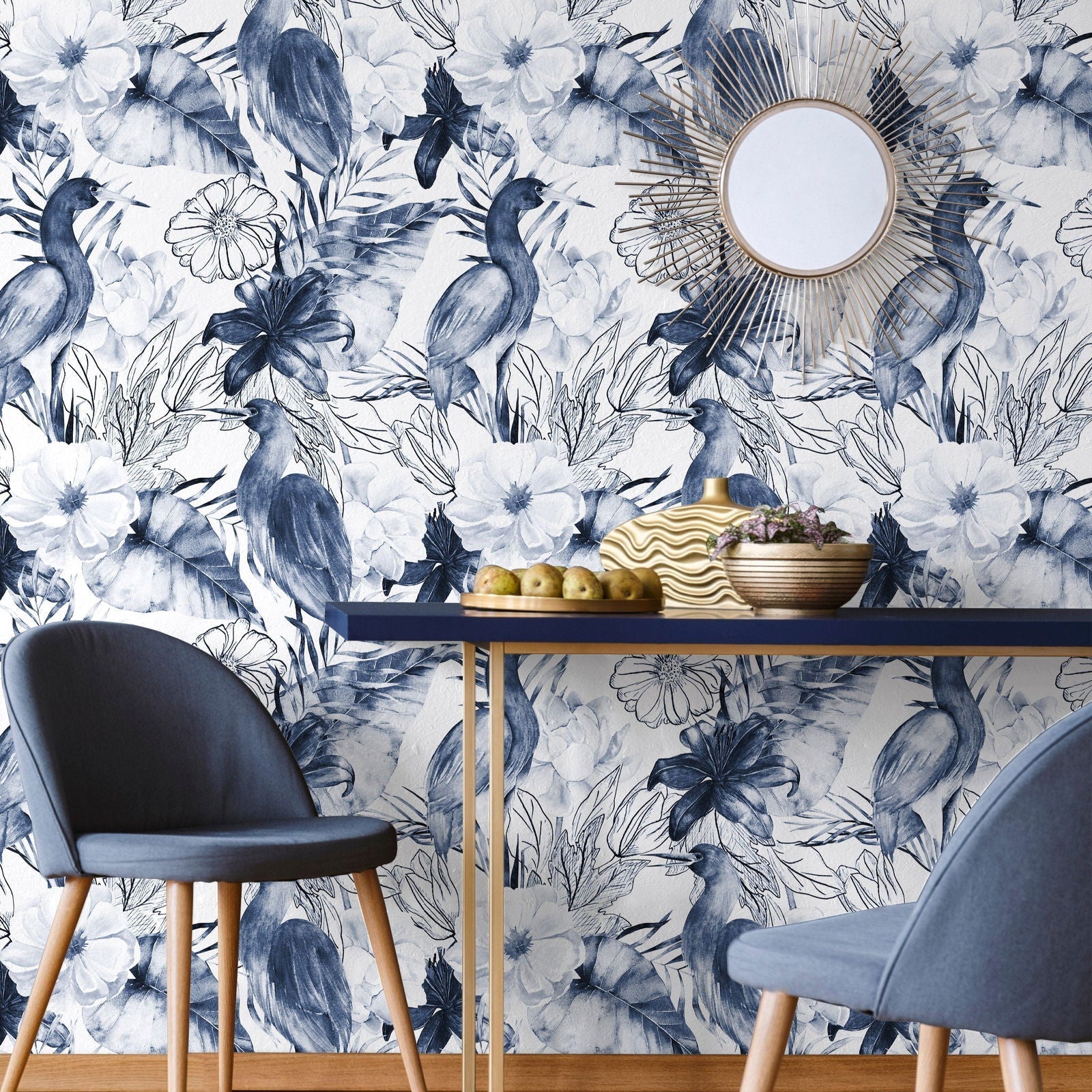 Crane and Flowers Peel and Stick Wallpaper, Removable Wallpaper, Traditional Wallpaper | DeccoPrint