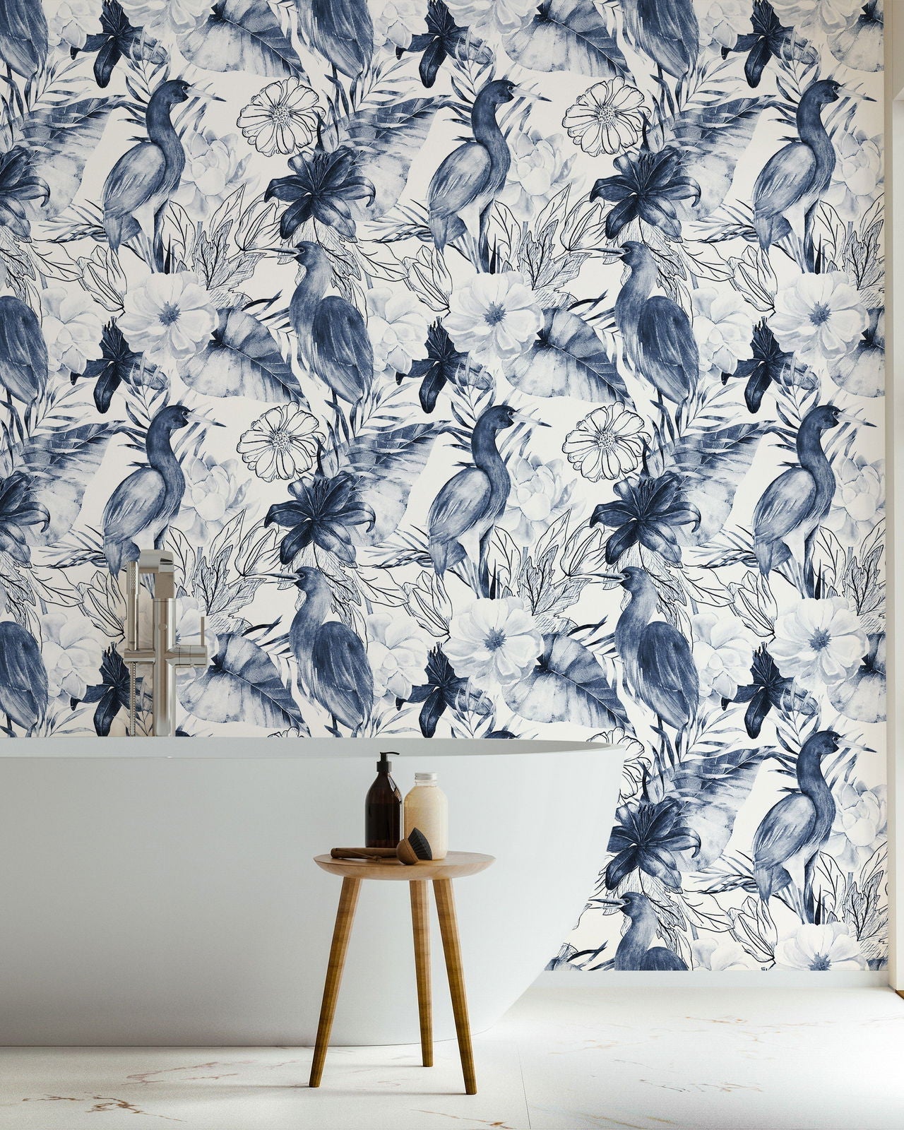 Crane and Flowers Peel and Stick Wallpaper, Removable Wallpaper, Traditional Wallpaper | DeccoPrint