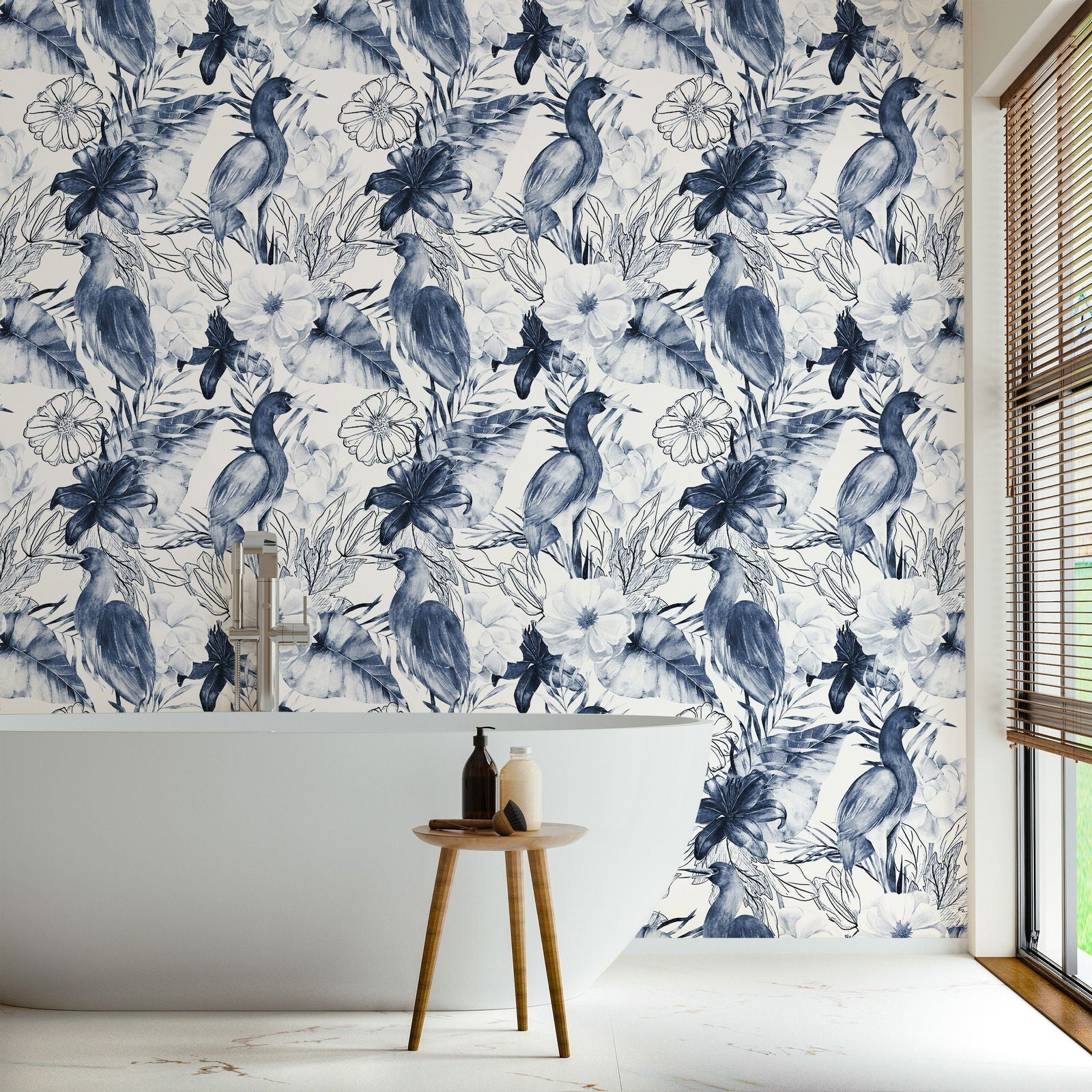 Crane and Flowers Peel and Stick Wallpaper, Removable Wallpaper, Traditional Wallpaper | DeccoPrint