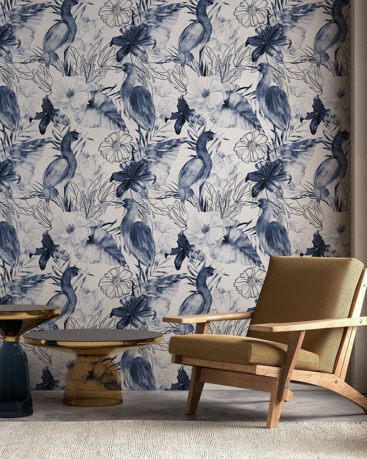 Crane and Flowers Peel and Stick Wallpaper, Removable Wallpaper, Traditional Wallpaper | DeccoPrint