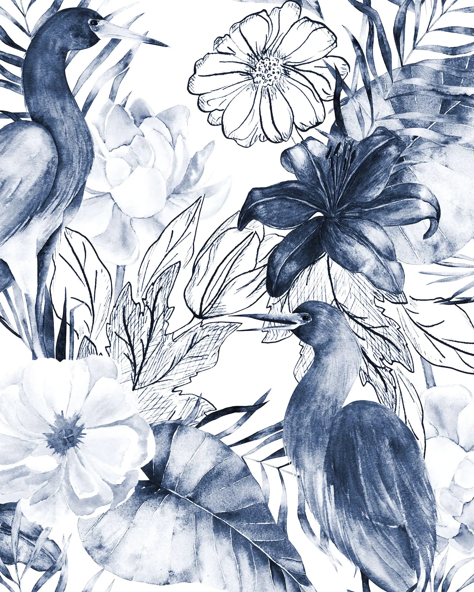 Crane and Flowers Peel and Stick Wallpaper, Removable Wallpaper, Traditional Wallpaper | DeccoPrint