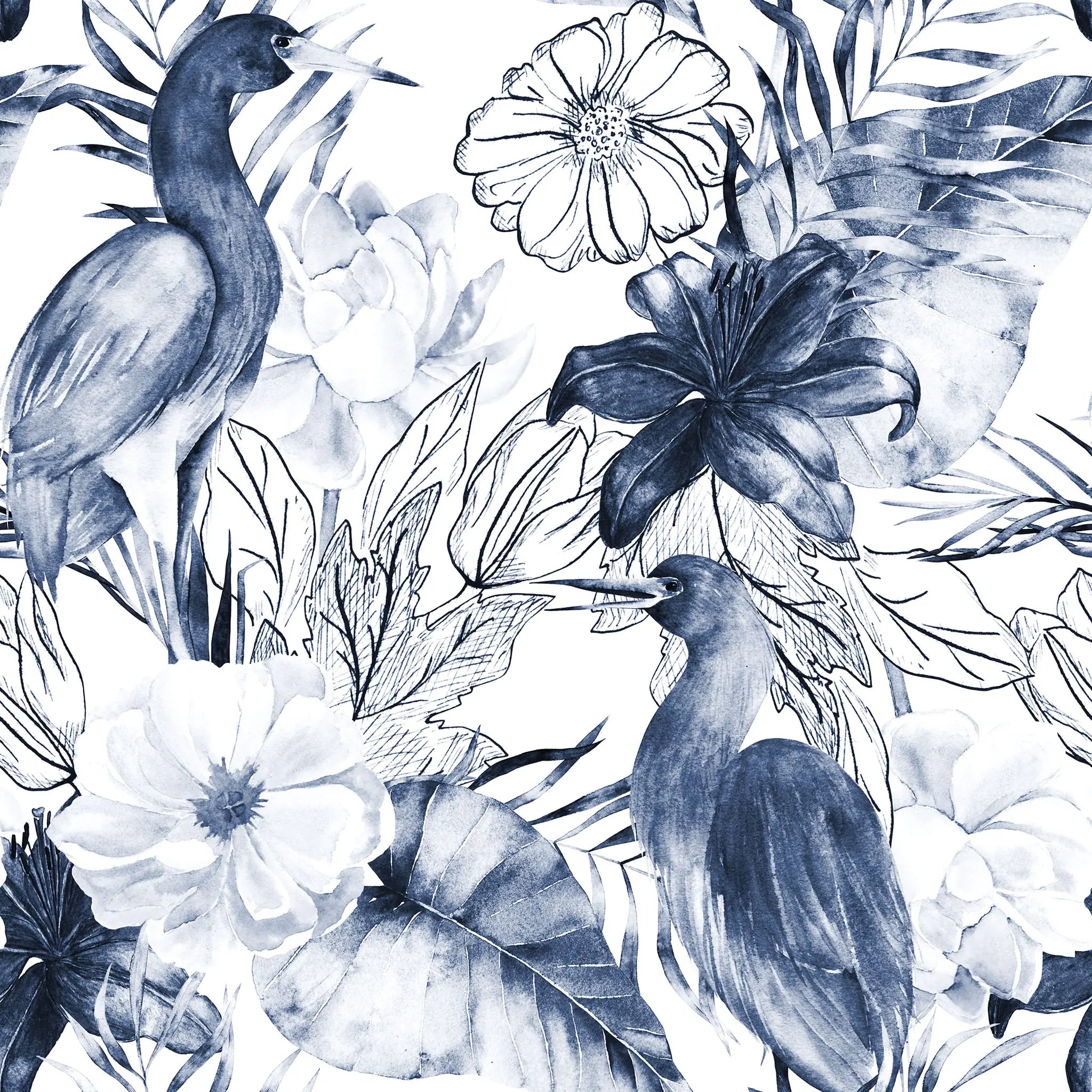 Crane and Flowers Peel and Stick Wallpaper, Removable Wallpaper, Traditional Wallpaper | DeccoPrint