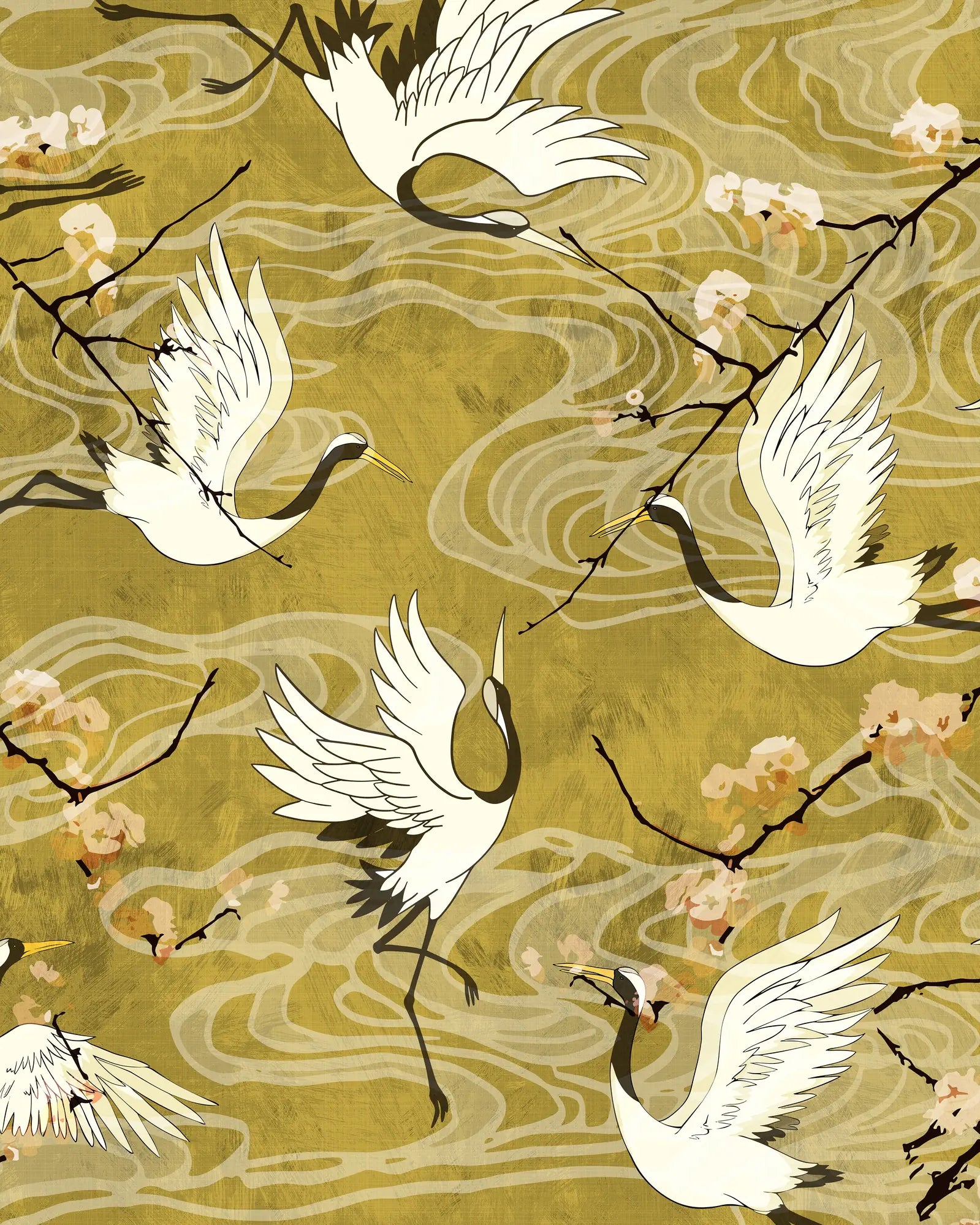 Pattern of white cranes and cherry blossoms on a gold background