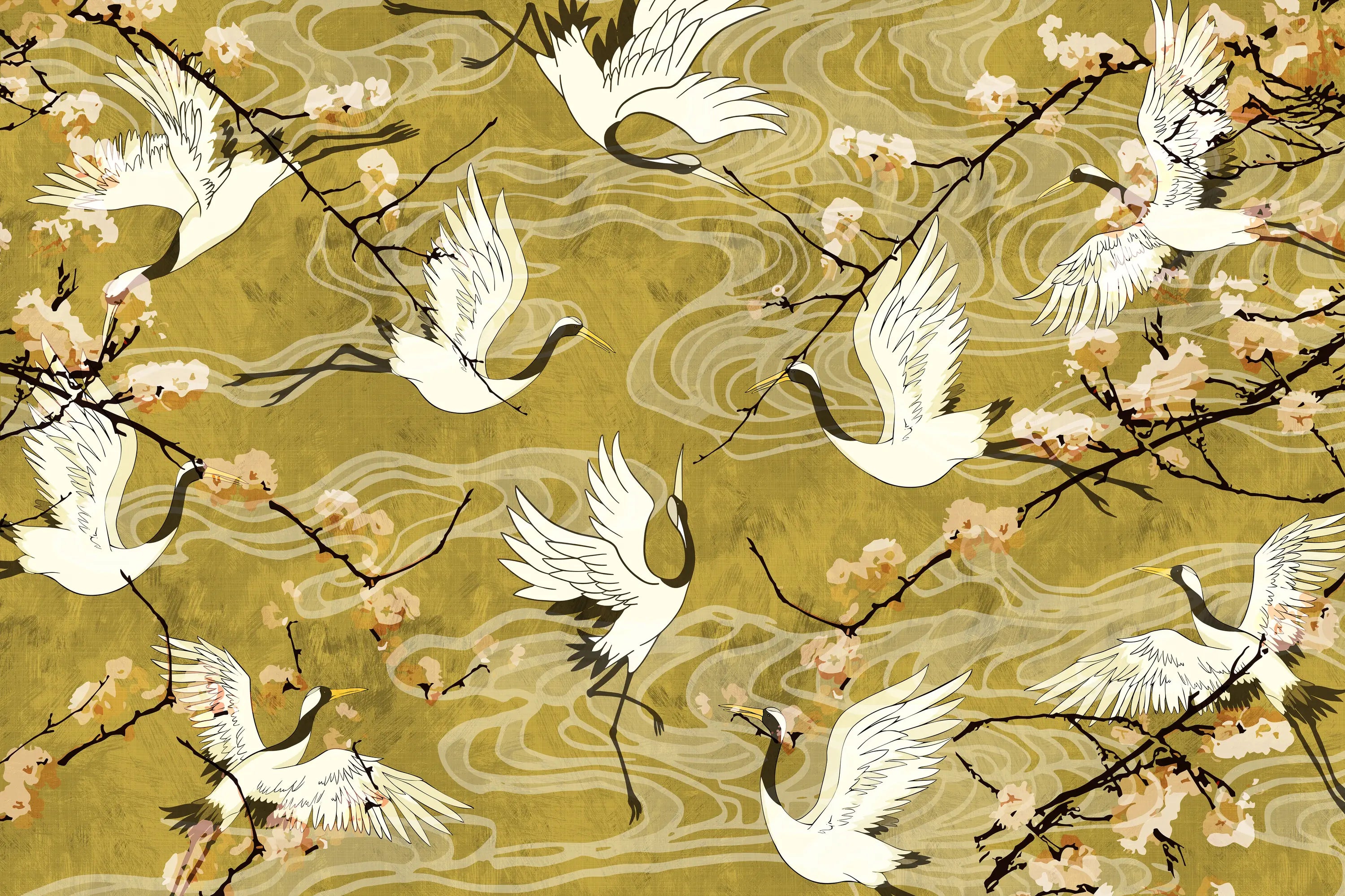 Pattern of white cranes and cherry blossoms on a gold background