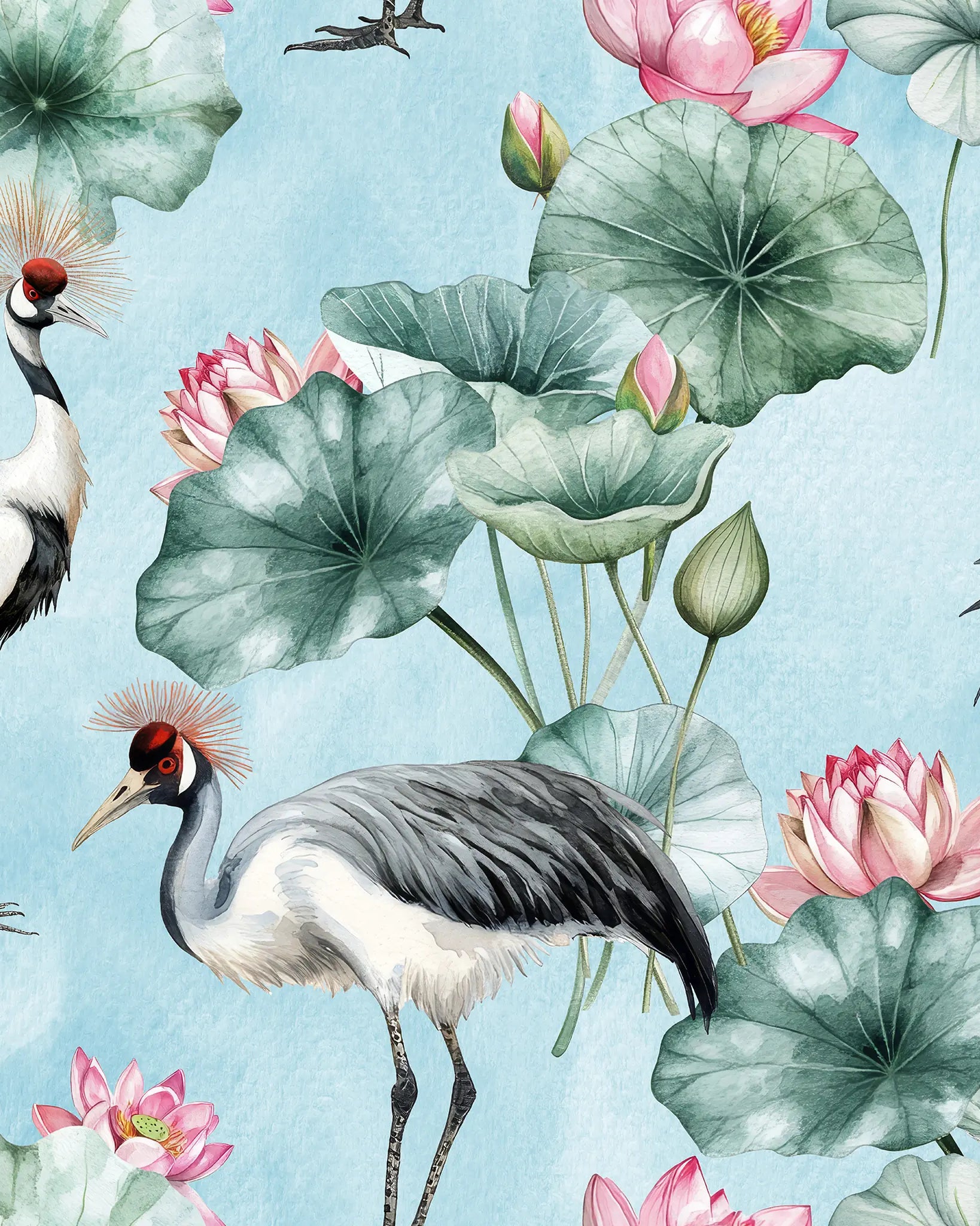 Pattern of cranes and lotus flowers on a light blue background