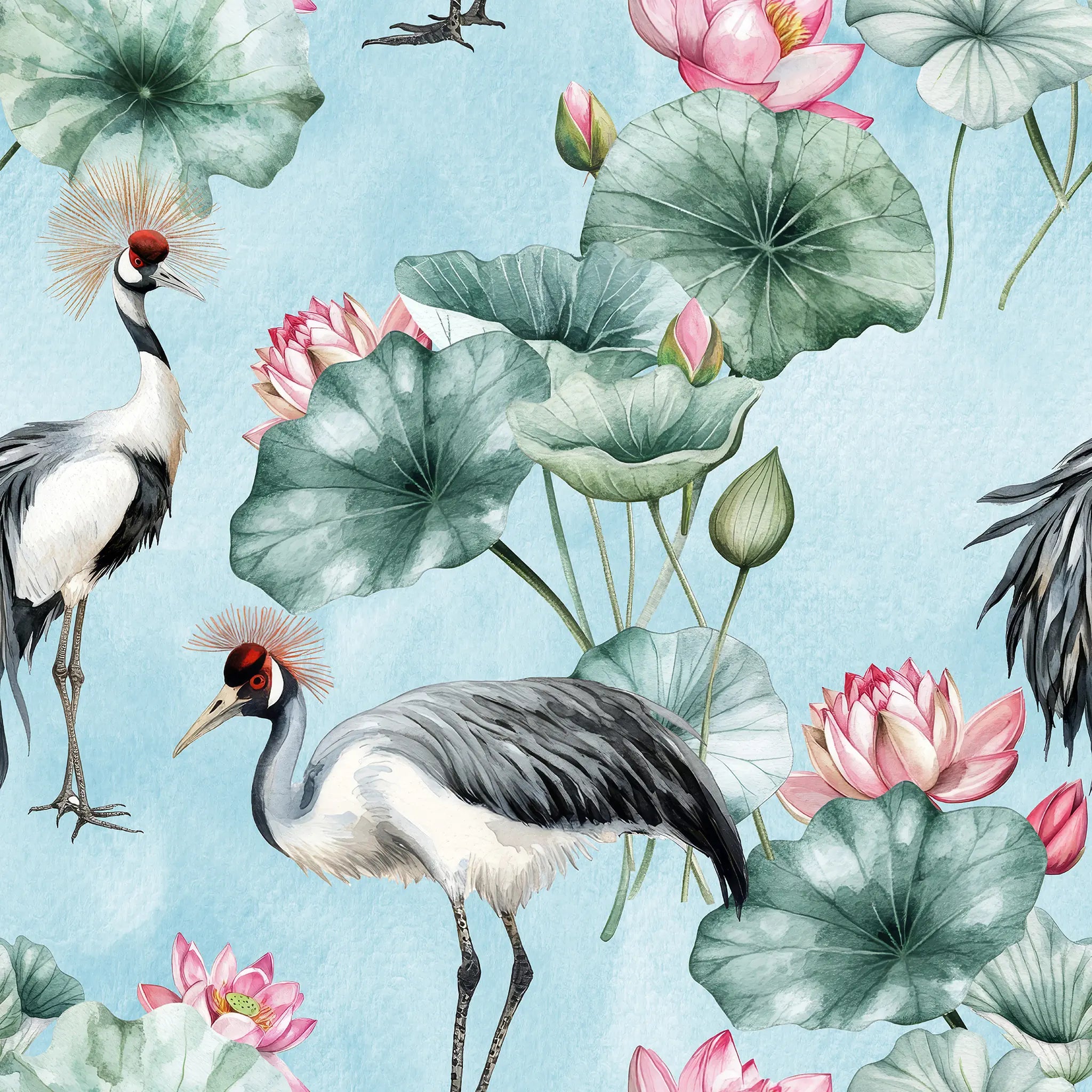 Pattern of cranes and lotus flowers on a light blue background