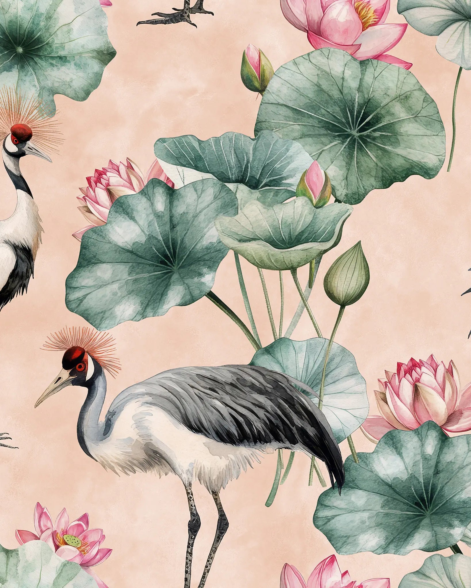 Pattern of cranes and lotus flowers on a pink background