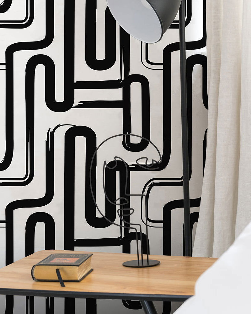 Curved Lines Peel and Stick Wallpaper, Removable Wallpaper, Traditional Wallpaper - Black | DeccoPrint