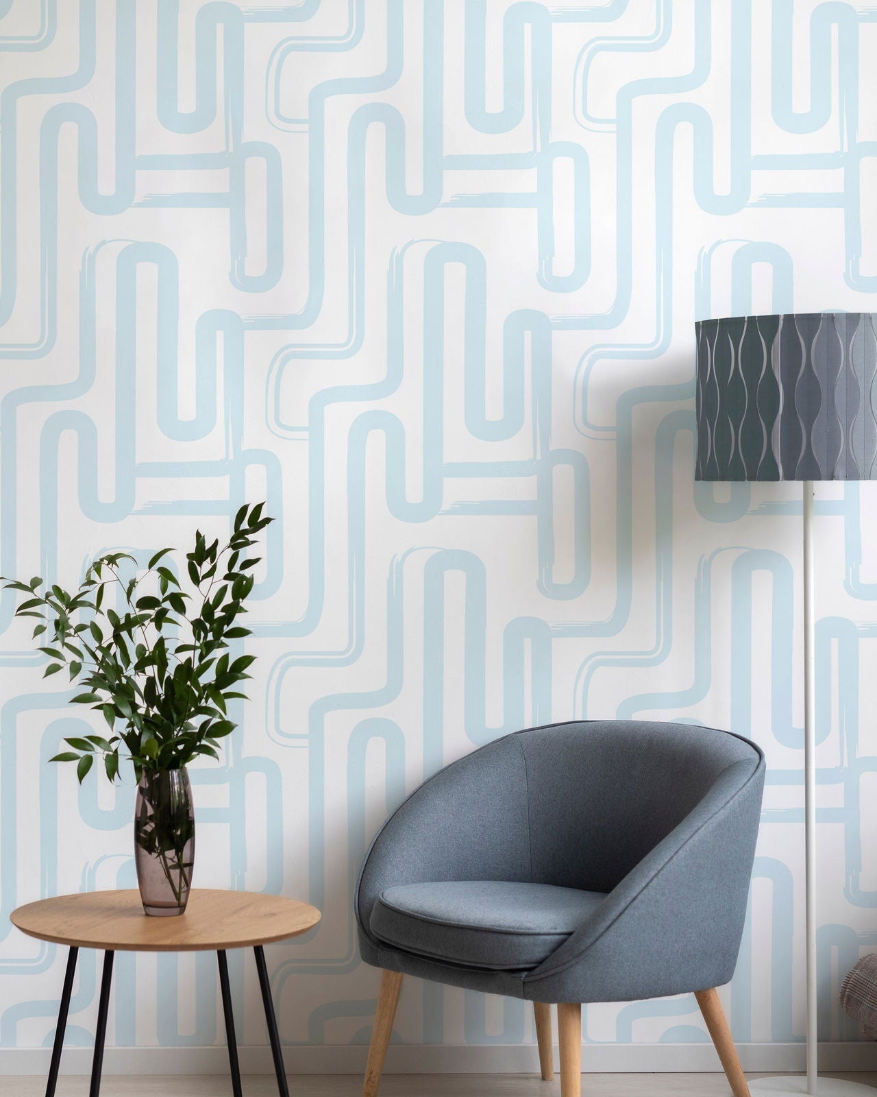 Curved Lines Peel and Stick Wallpaper, Removable Wallpaper, Traditional Wallpaper - Pastel Blue | DeccoPrint