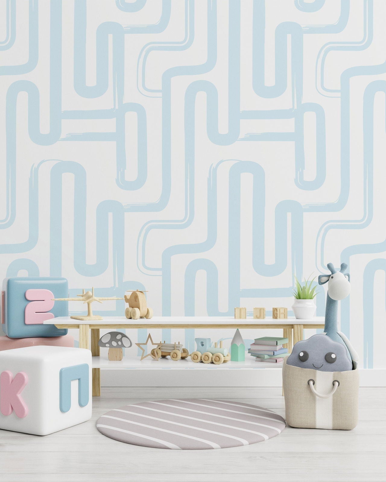 Curved Lines Peel and Stick Wallpaper, Removable Wallpaper, Traditional Wallpaper - Pastel Blue | DeccoPrint