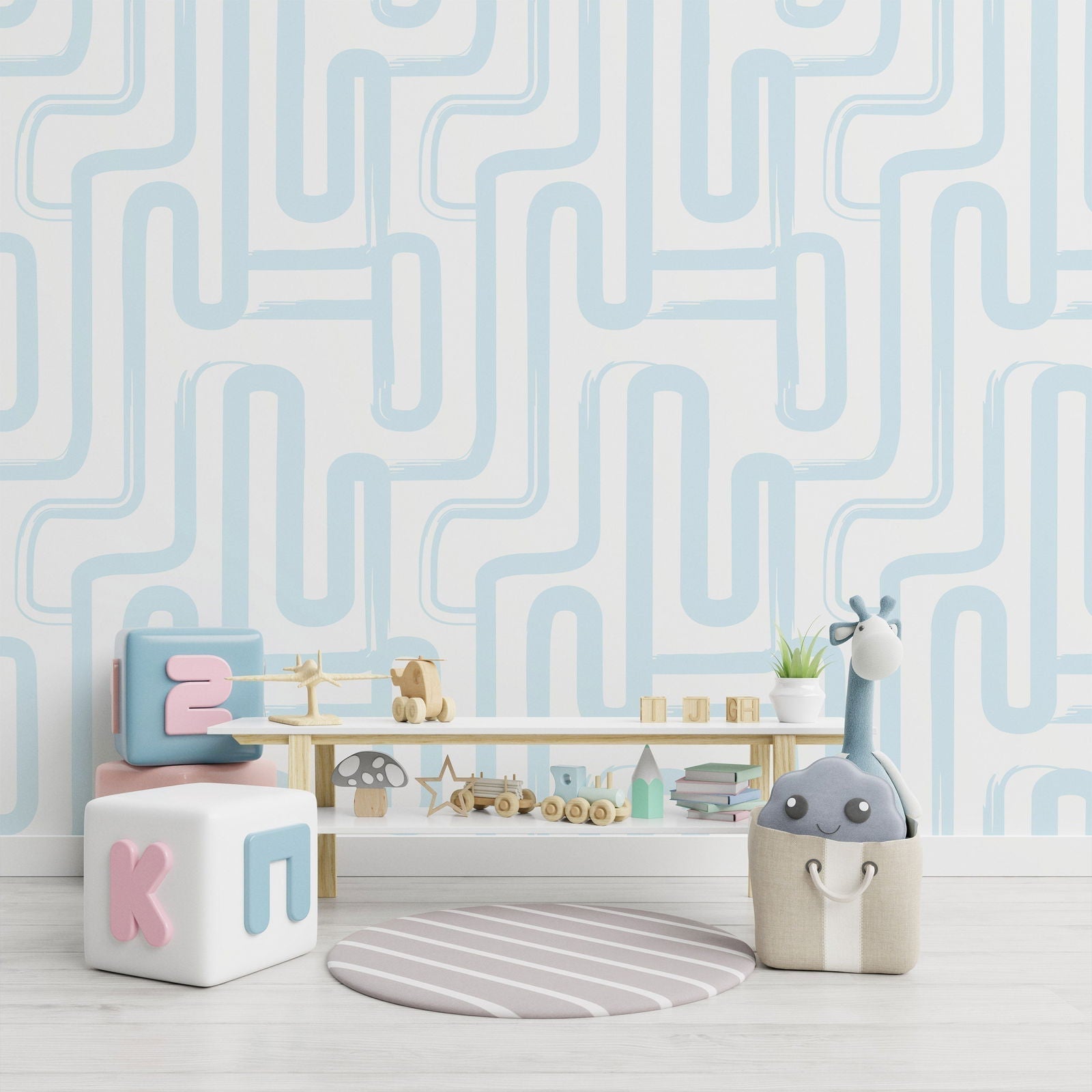 Curved Lines Peel and Stick Wallpaper, Removable Wallpaper, Traditional Wallpaper - Pastel Blue | DeccoPrint