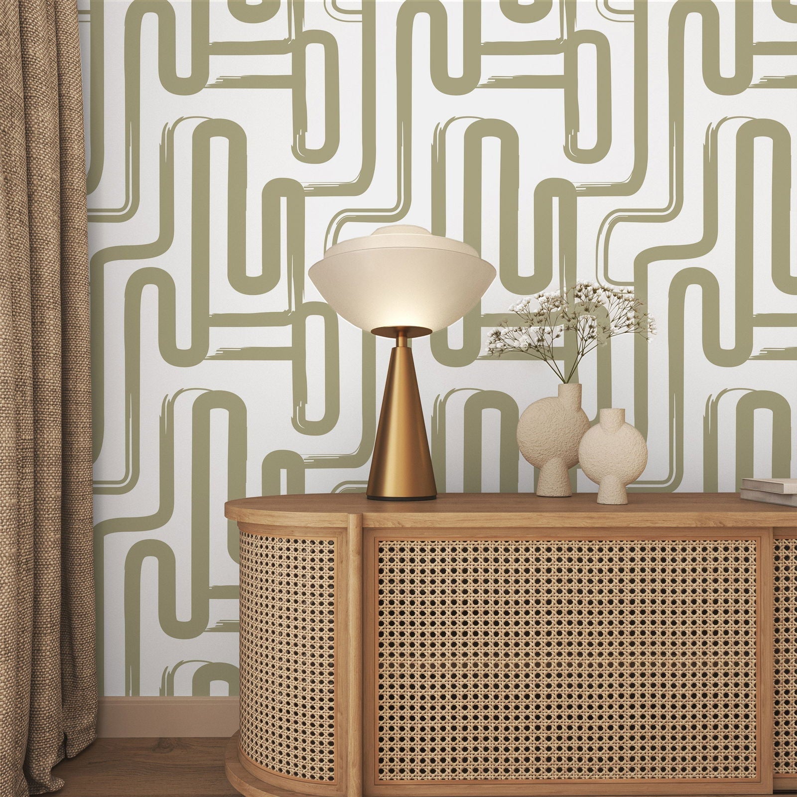 Curved Lines Peel and Stick Wallpaper, Removable Wallpaper, Traditional Wallpaper - Sage | DeccoPrint