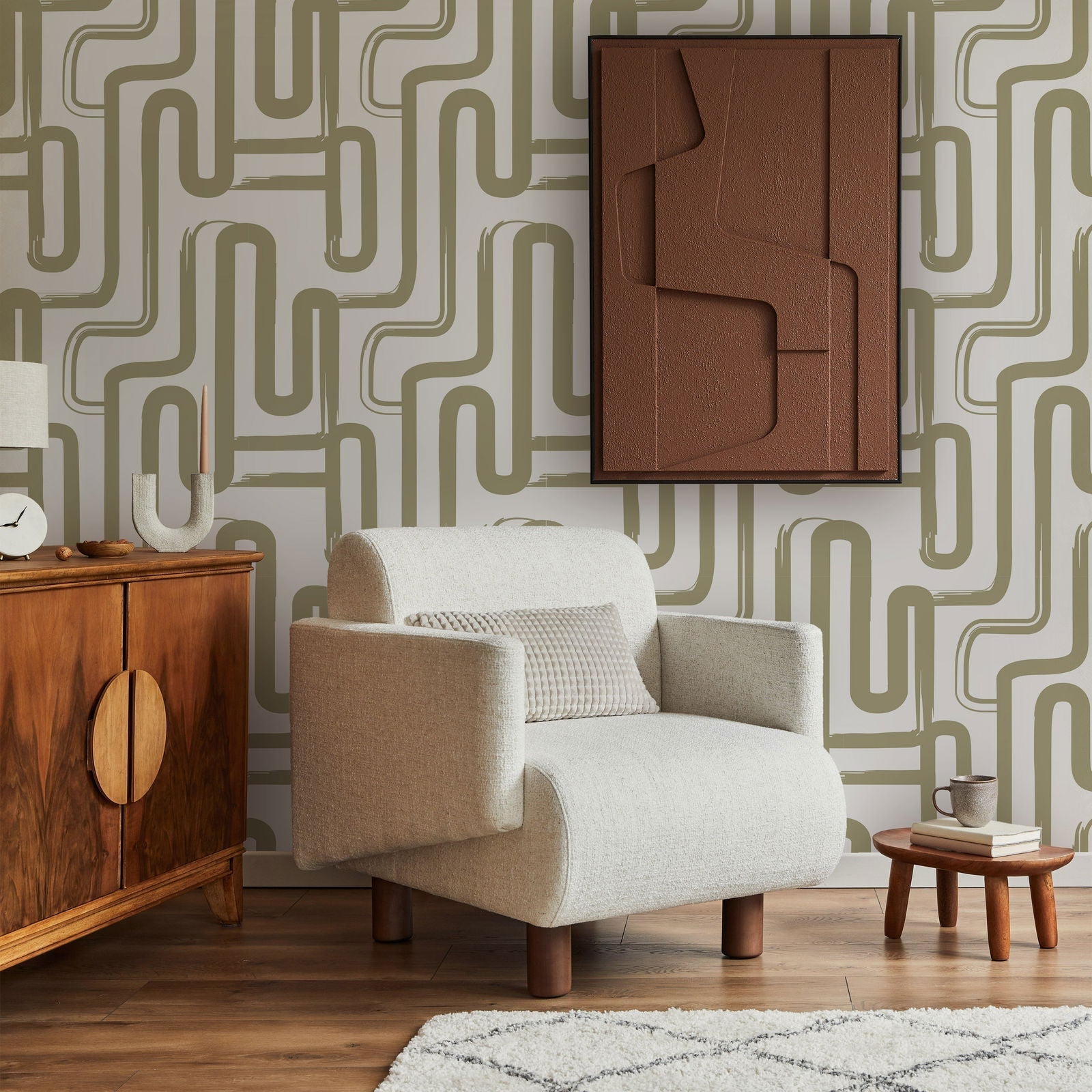 Curved Lines Peel and Stick Wallpaper, Removable Wallpaper, Traditional Wallpaper - Sage | DeccoPrint