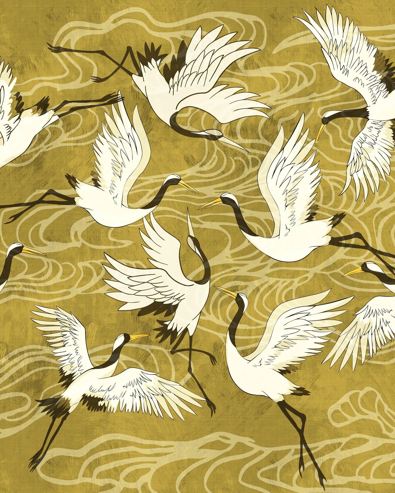 Illustration of cranes on a gold background