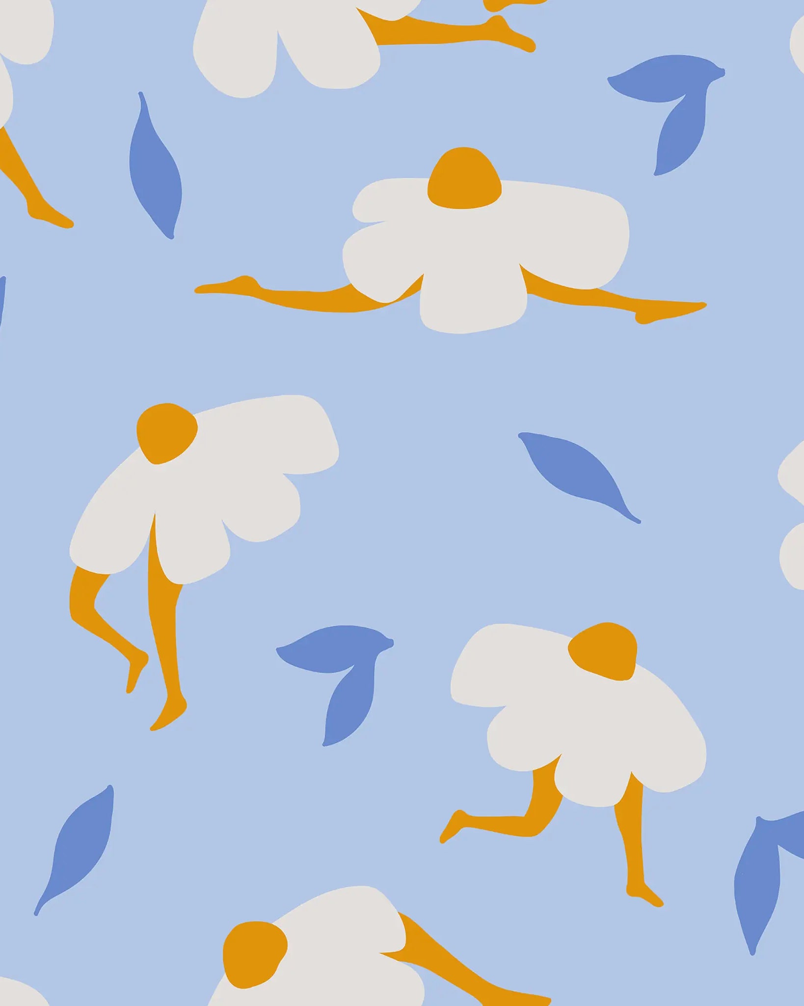 Pattern of stylized dancing flowers on a blue background