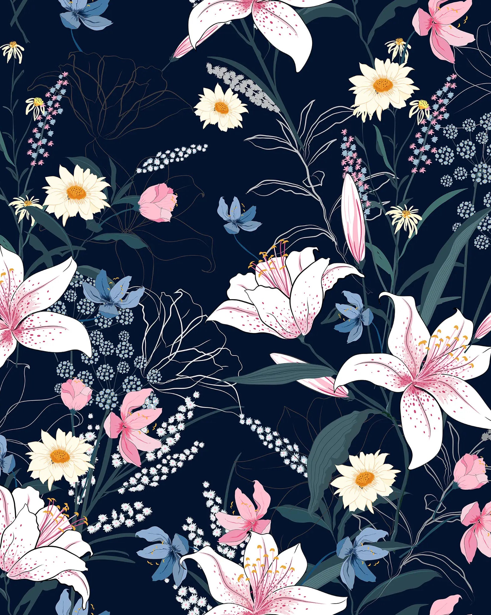 Floral pattern with pink, white, and blue flowers on a dark background
