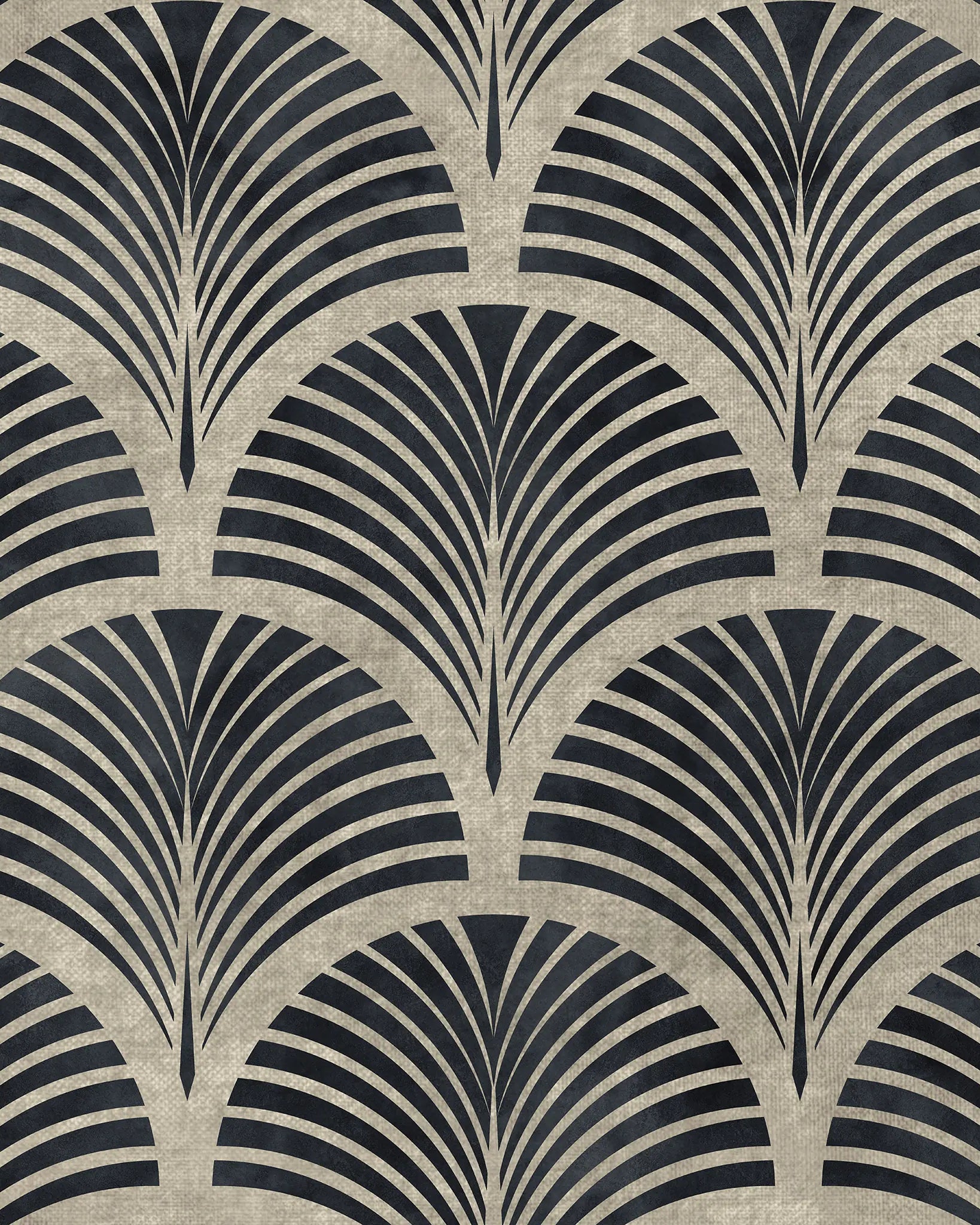 Patterned wallpaper with black and beige fan-shaped design