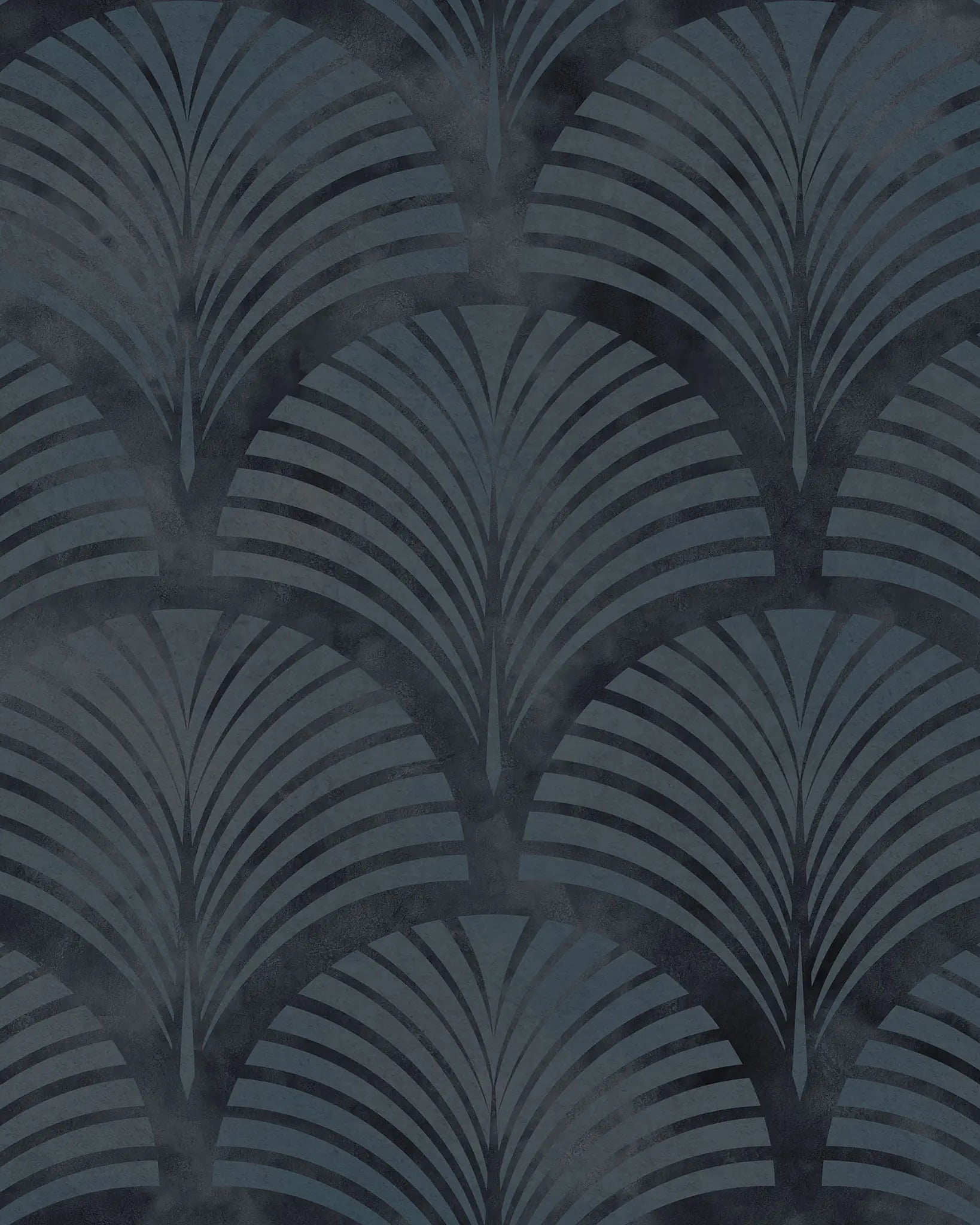 Patterned wallpaper with fan-like design in dark blue tones