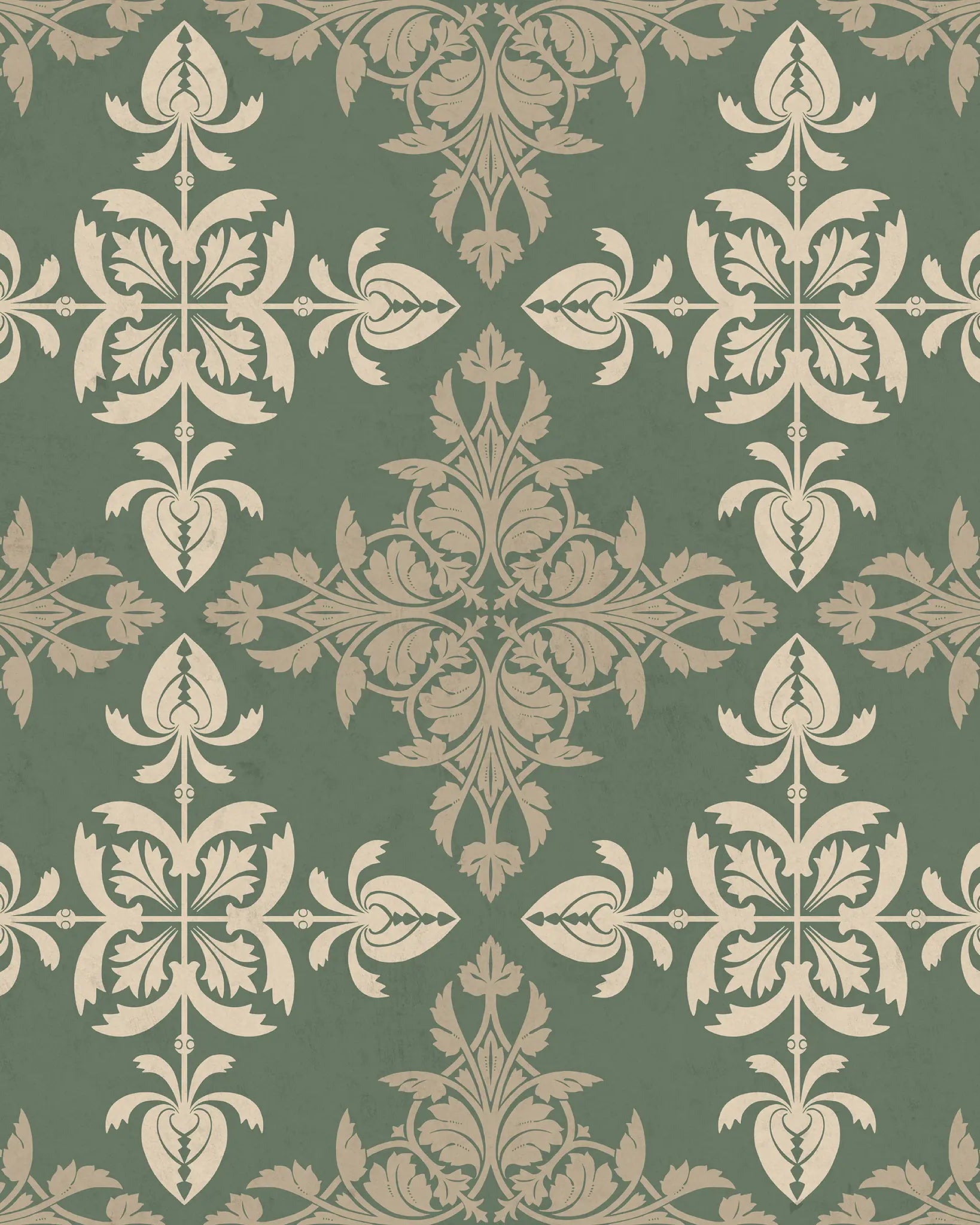 Decorative pattern with beige floral elements on a green background