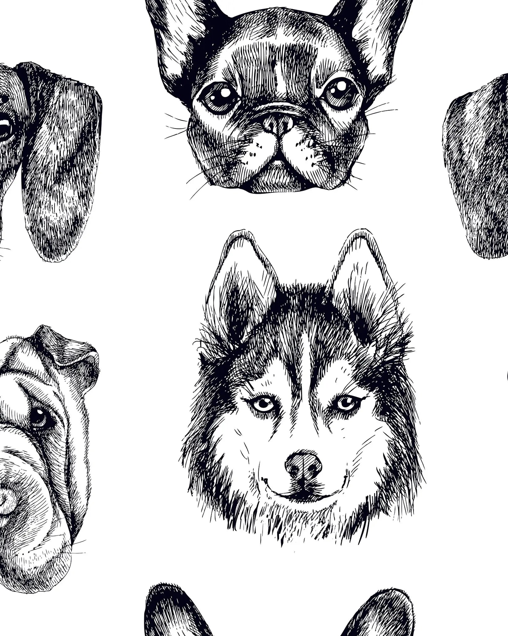 Pattern of black and white dog illustrations on a white background