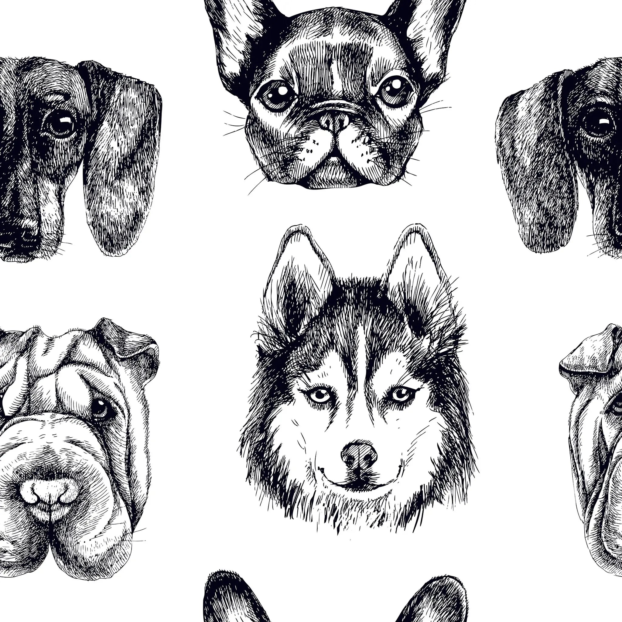 Pattern of black and white dog illustrations on a white background