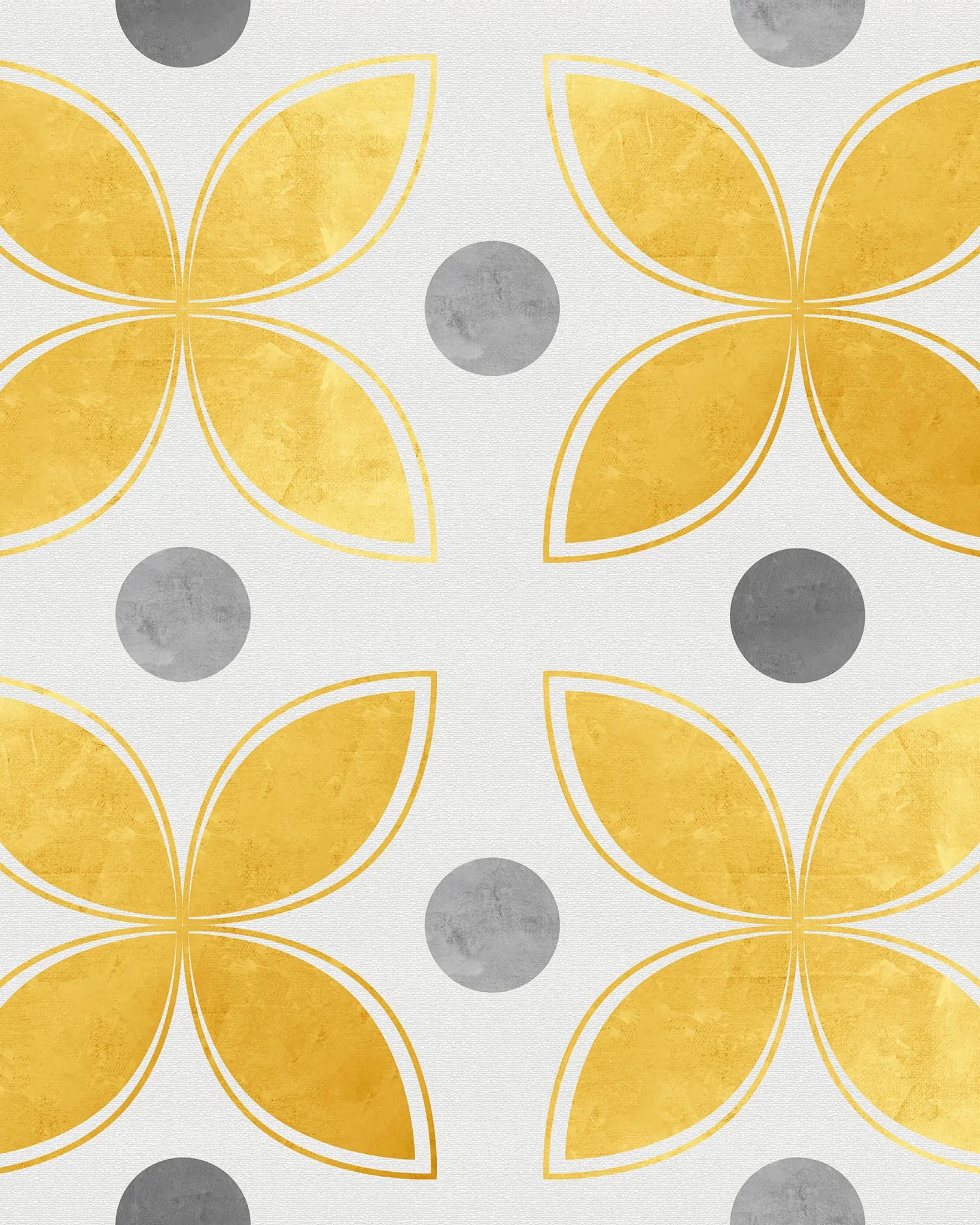 Pattern of yellow flower shapes and gray circles on a white background