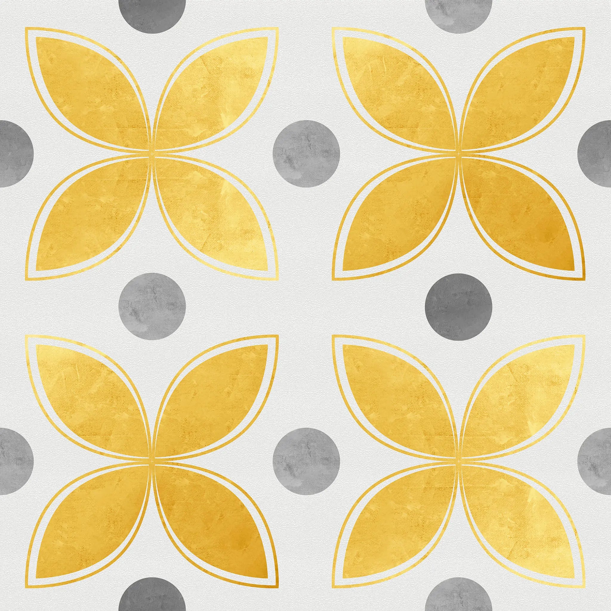 Pattern of yellow flower shapes and gray circles on a white background