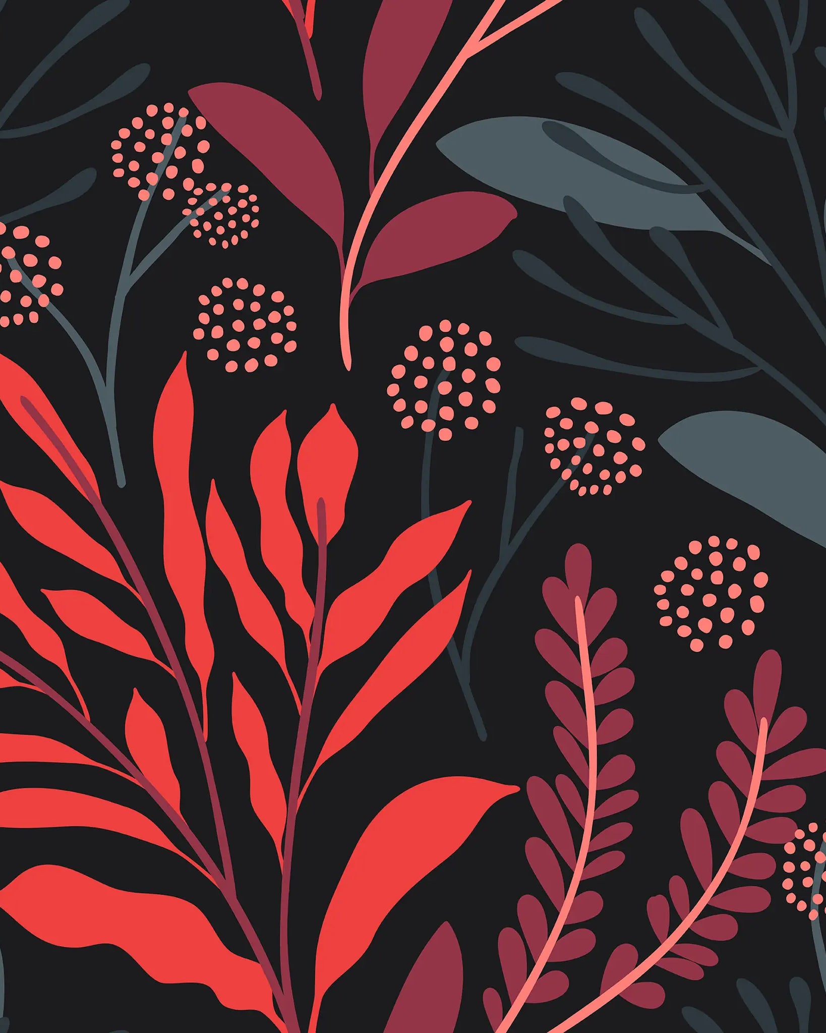 Floral pattern with red and pink leaves on a black background