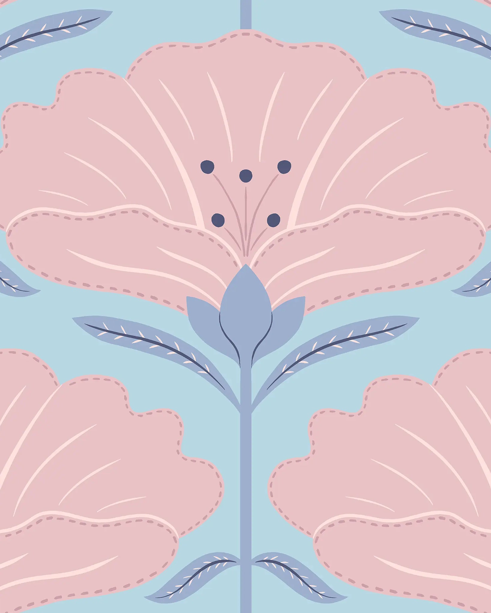 Pattern of pink flowers with blue leaves on a light blue background
