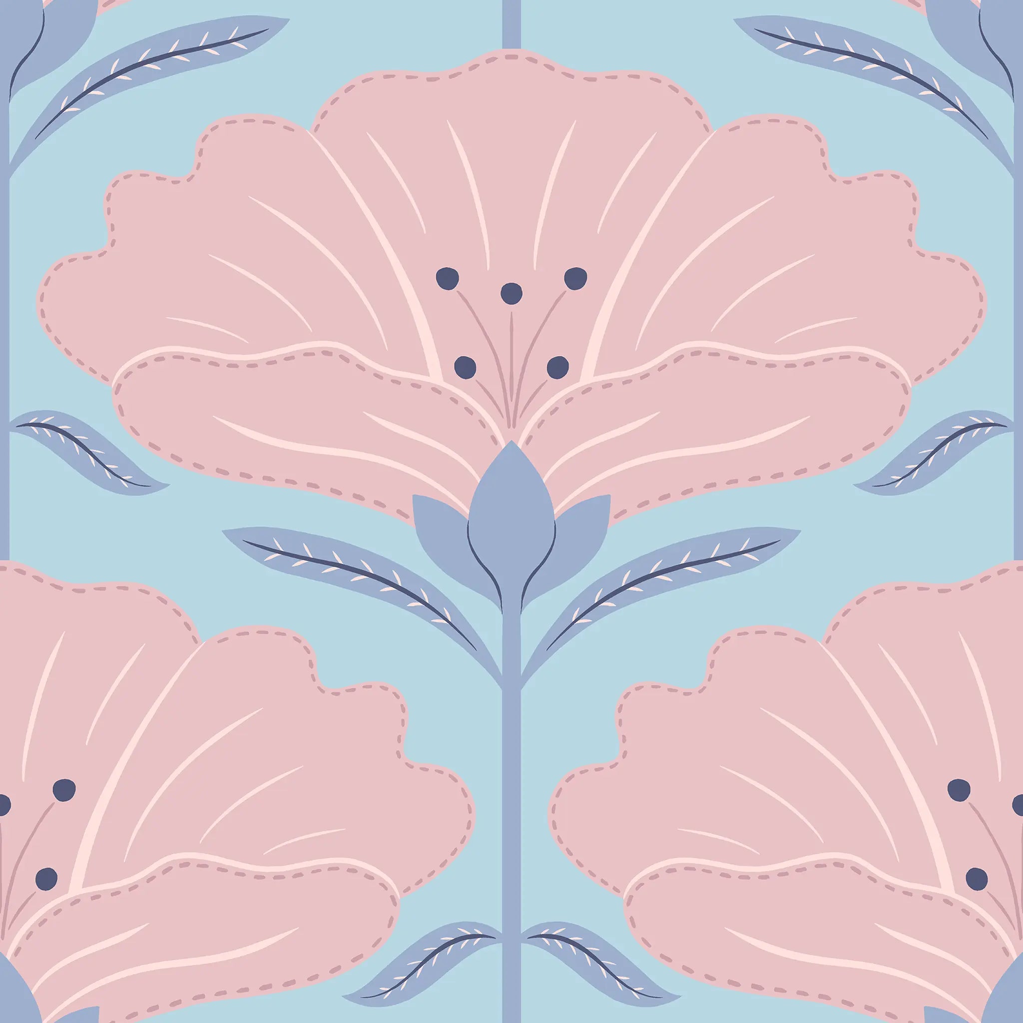 Pattern of pink flowers with blue leaves on a light blue background
